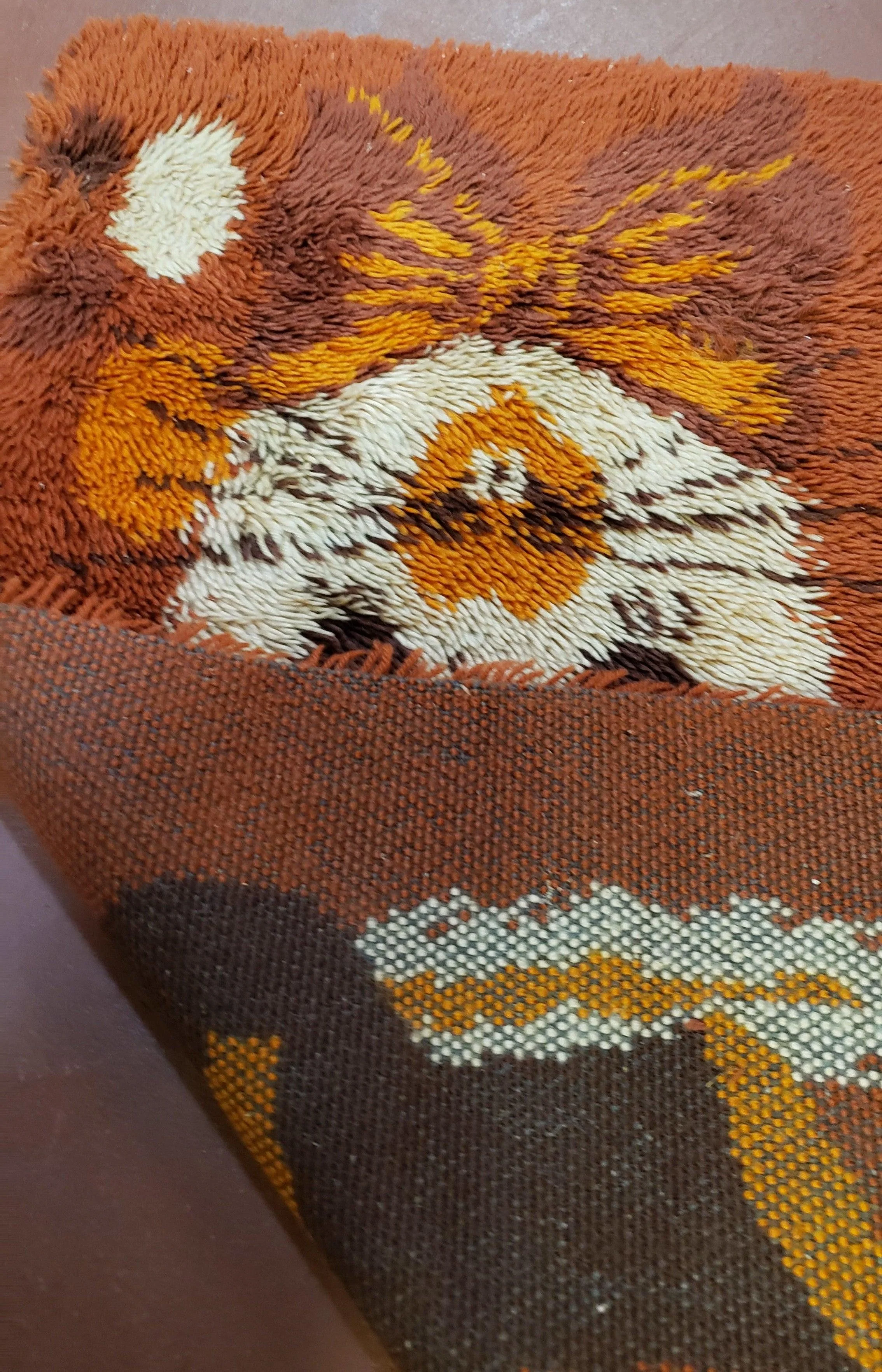 2x3 Rya Shag Rug Mid-Century Modern Danish Shag Rug 1960s Accent Rug Bunny Rabbit in Hat Dark Orange Small Shag Rug - Image 10