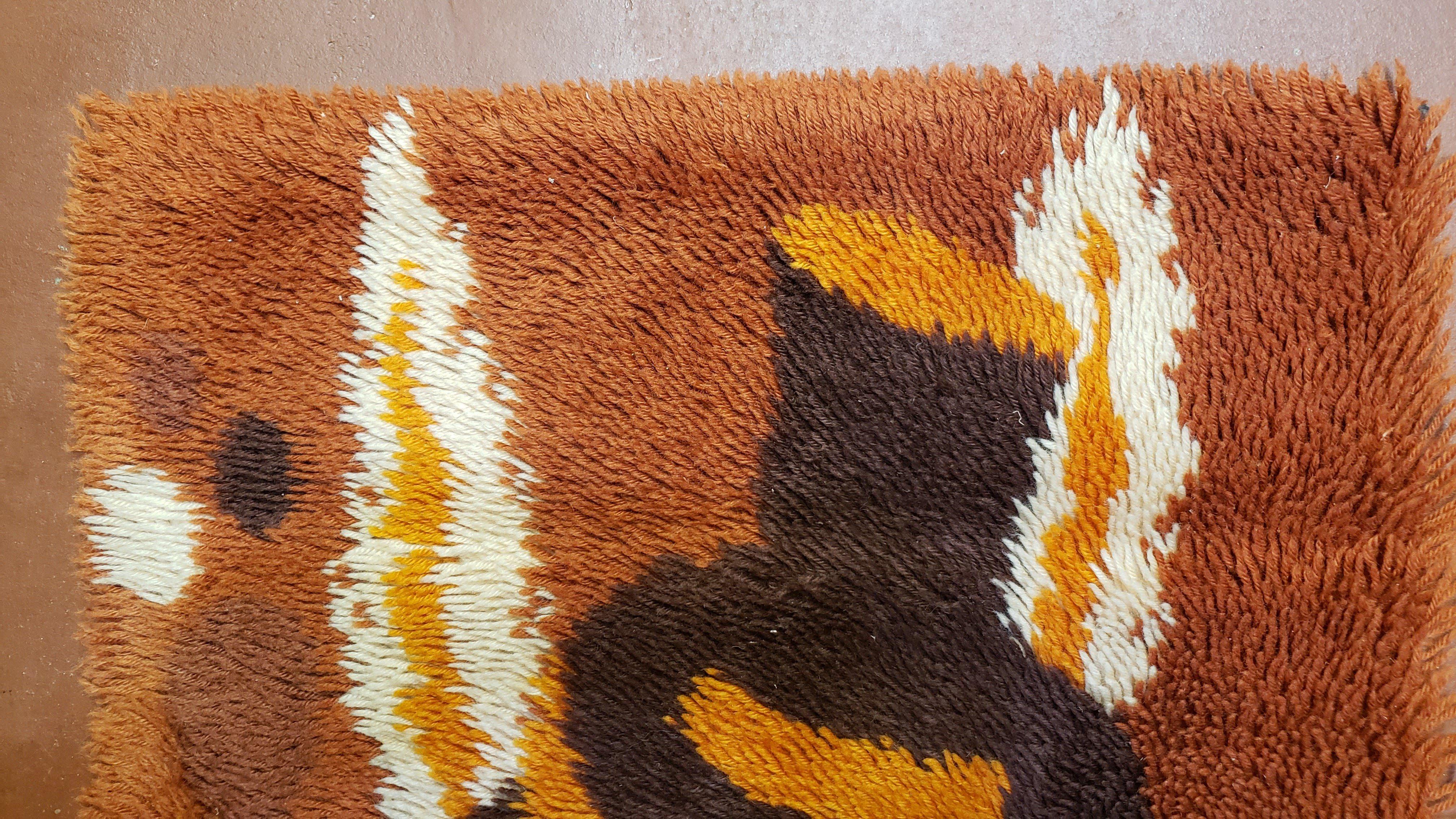 2x3 Rya Shag Rug Mid-Century Modern Danish Shag Rug 1960s Accent Rug Bunny Rabbit in Hat Dark Orange Small Shag Rug - Image 5