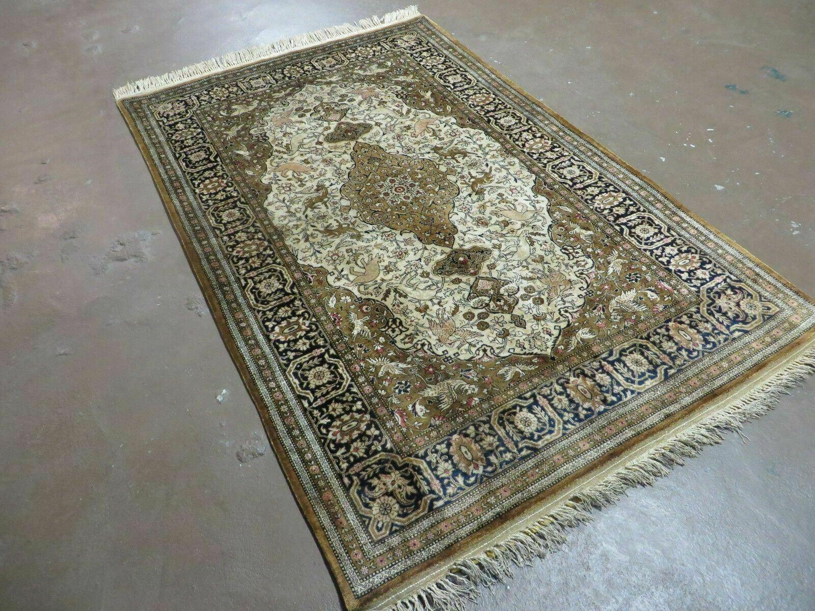 Handmade Silk Rug 3x5, Vintage Antique Silk Carpet, Hand-Knotted Oriental Rug 3 x 5, Animal Motifs, Deer Birds, One-Of-A-Kind - Image 2