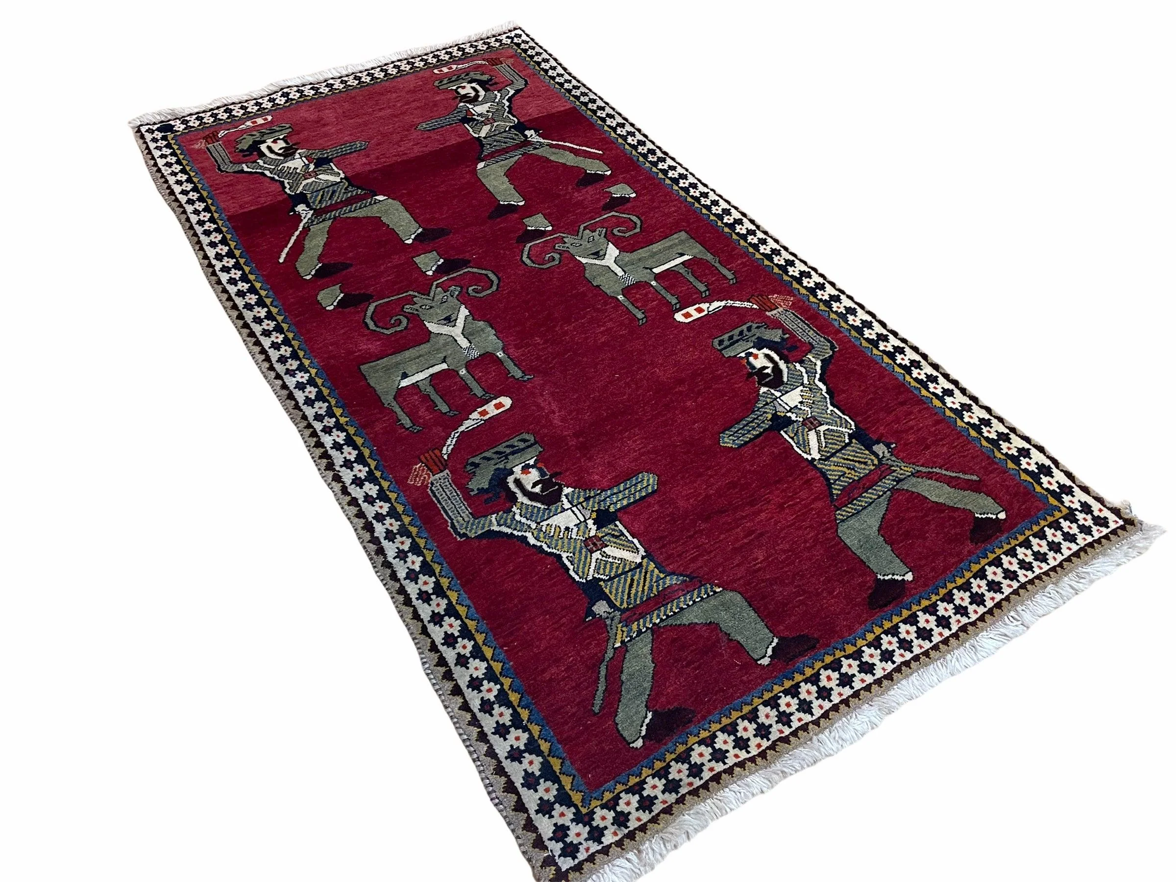 3 X 6 Handmade Wool Rug Tribal Balouch Warriors Deer Animal Pictorial Red Swords - Image 2