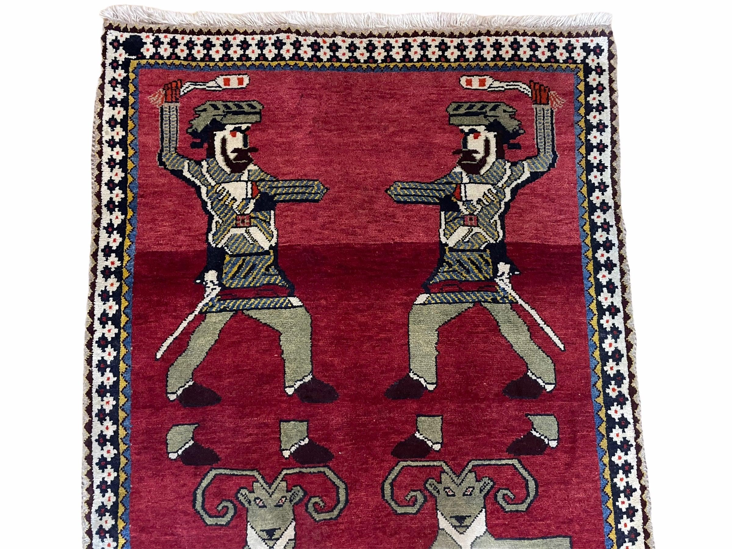 3 X 6 Handmade Wool Rug Tribal Balouch Warriors Deer Animal Pictorial Red Swords - Image 3