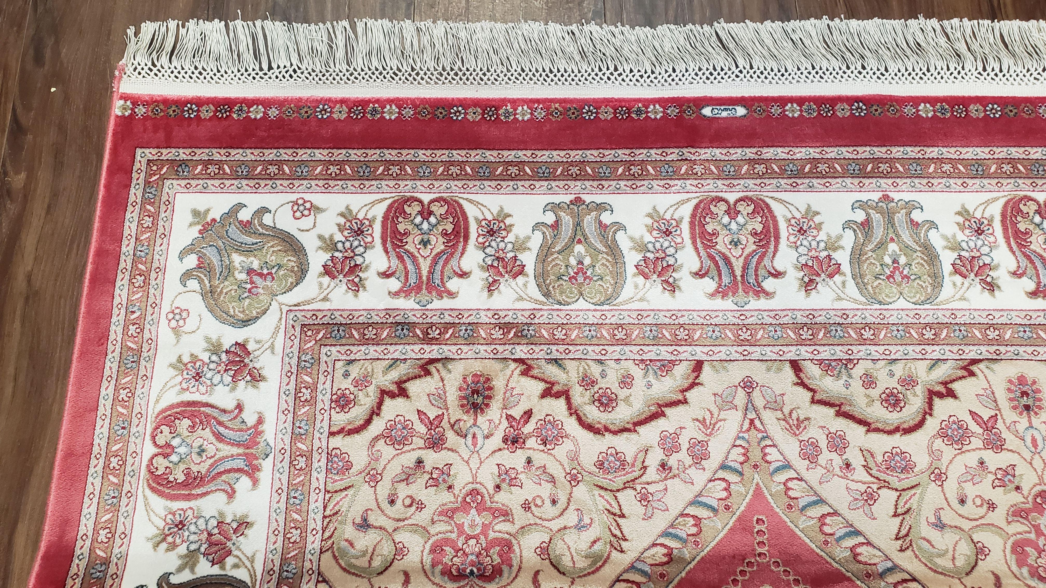 4 x 6 Silk Carpet Red, Traditional Oriental Rug 4x6, Flower Vase Columns, Turkish Rug New, High Quality, Bamboo Silk, Area Rug - Image 7