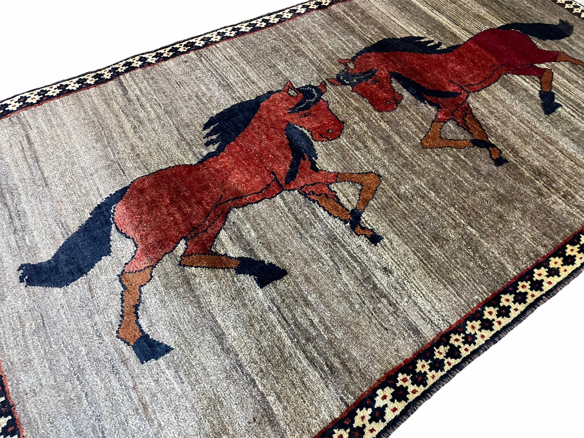 4 X 7 Handmade Hand-Knotted Quality Wool Rug Pictorial Horses Veggie Dyes Tribal - Image 2