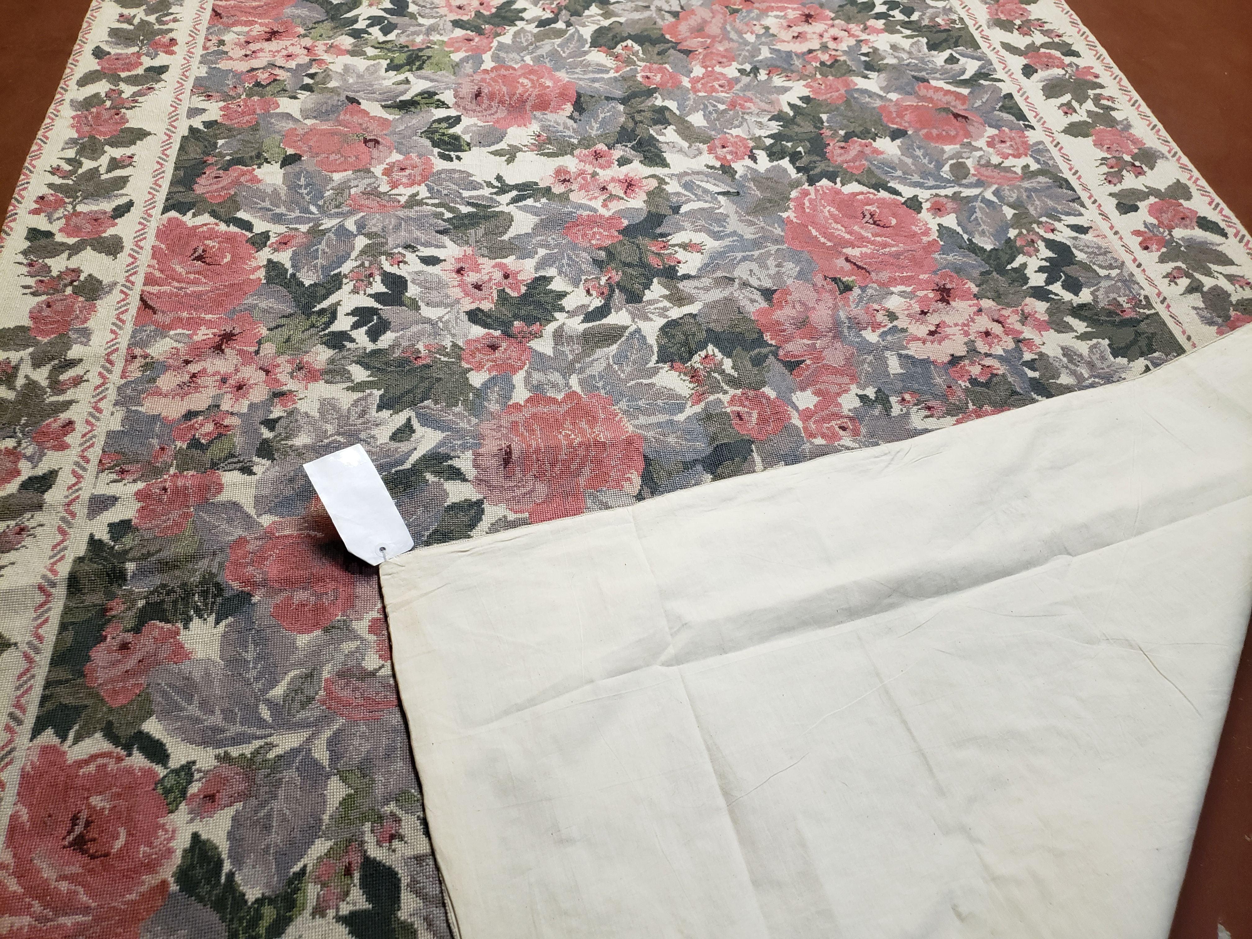 5x8 Needlepoint Rug 5' 4" x 8' 3" Wool Flat Weave Floral New Unused Carpet English Design Ivory Large Pink Flowers Green Leaves Hand-Knotted - Image 10