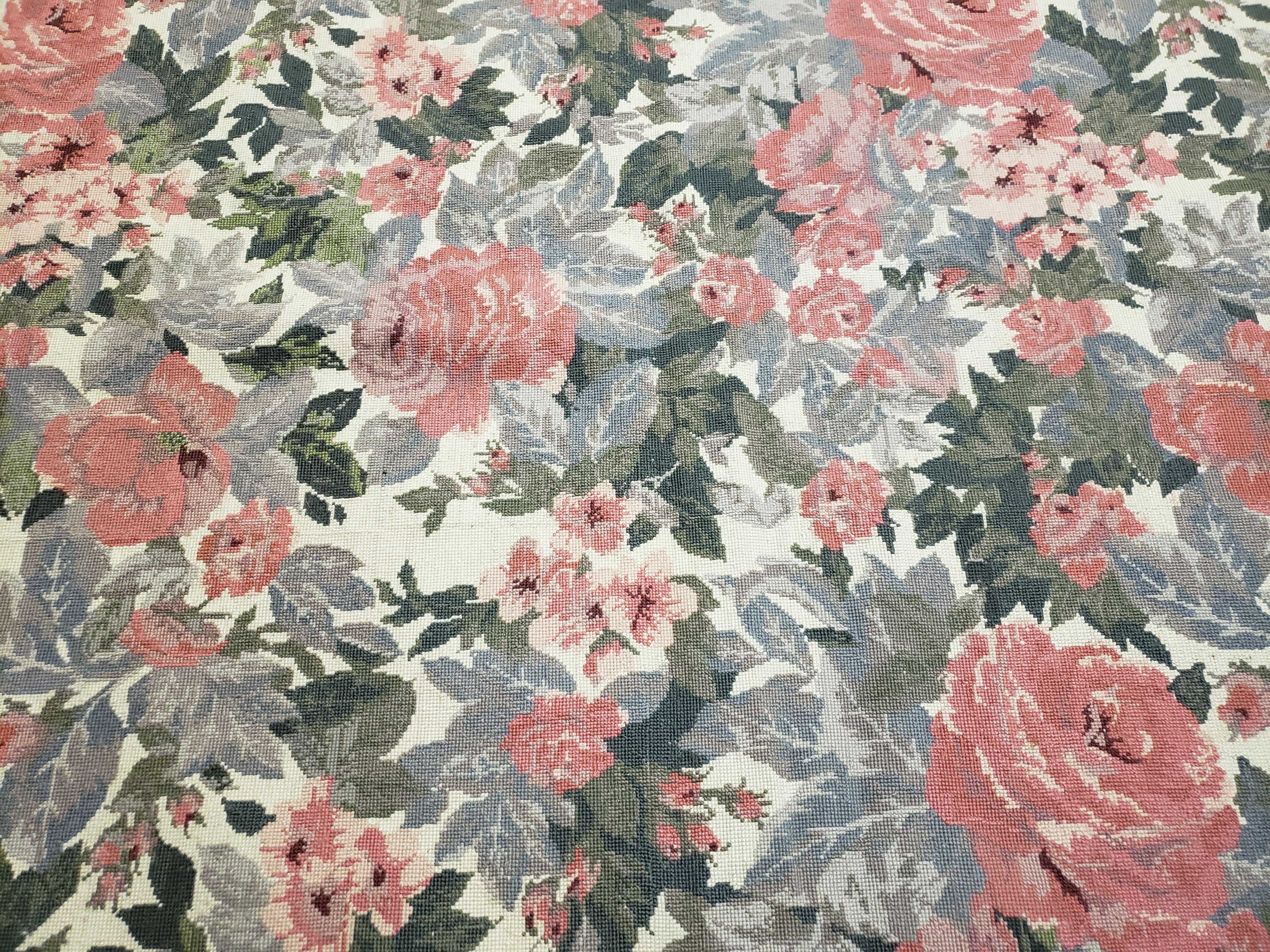 5x8 Needlepoint Rug 5' 4" x 8' 3" Wool Flat Weave Floral New Unused Carpet English Design Ivory Large Pink Flowers Green Leaves Hand-Knotted - Image 3