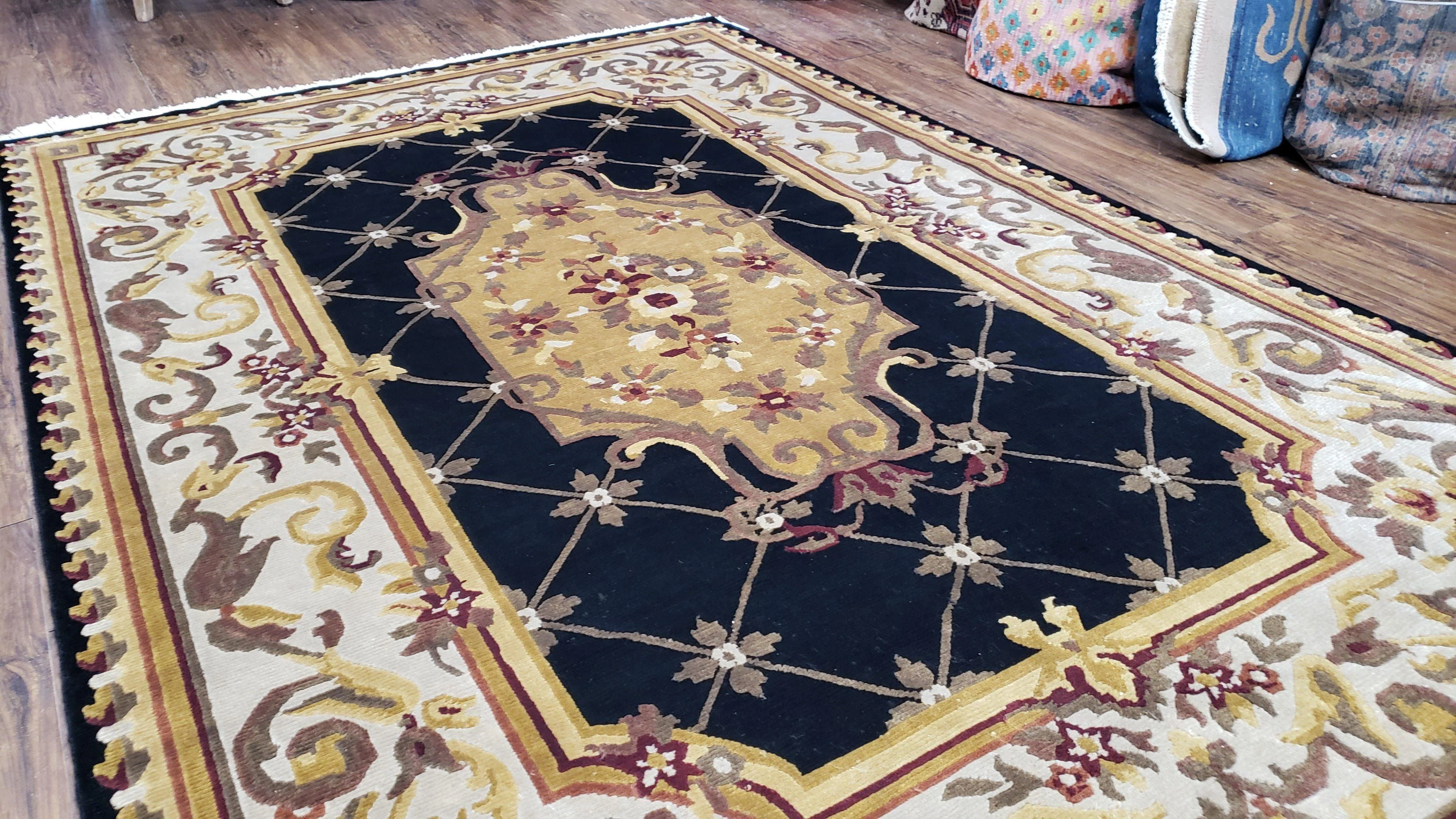 6x9 Nepalese Rug, Aubusson Savonnerie Area Rug 6 x 9 with Soft Pile, Hand-Knotted Wool Black & Beige Tibetan New Carpet European Design - Image 3