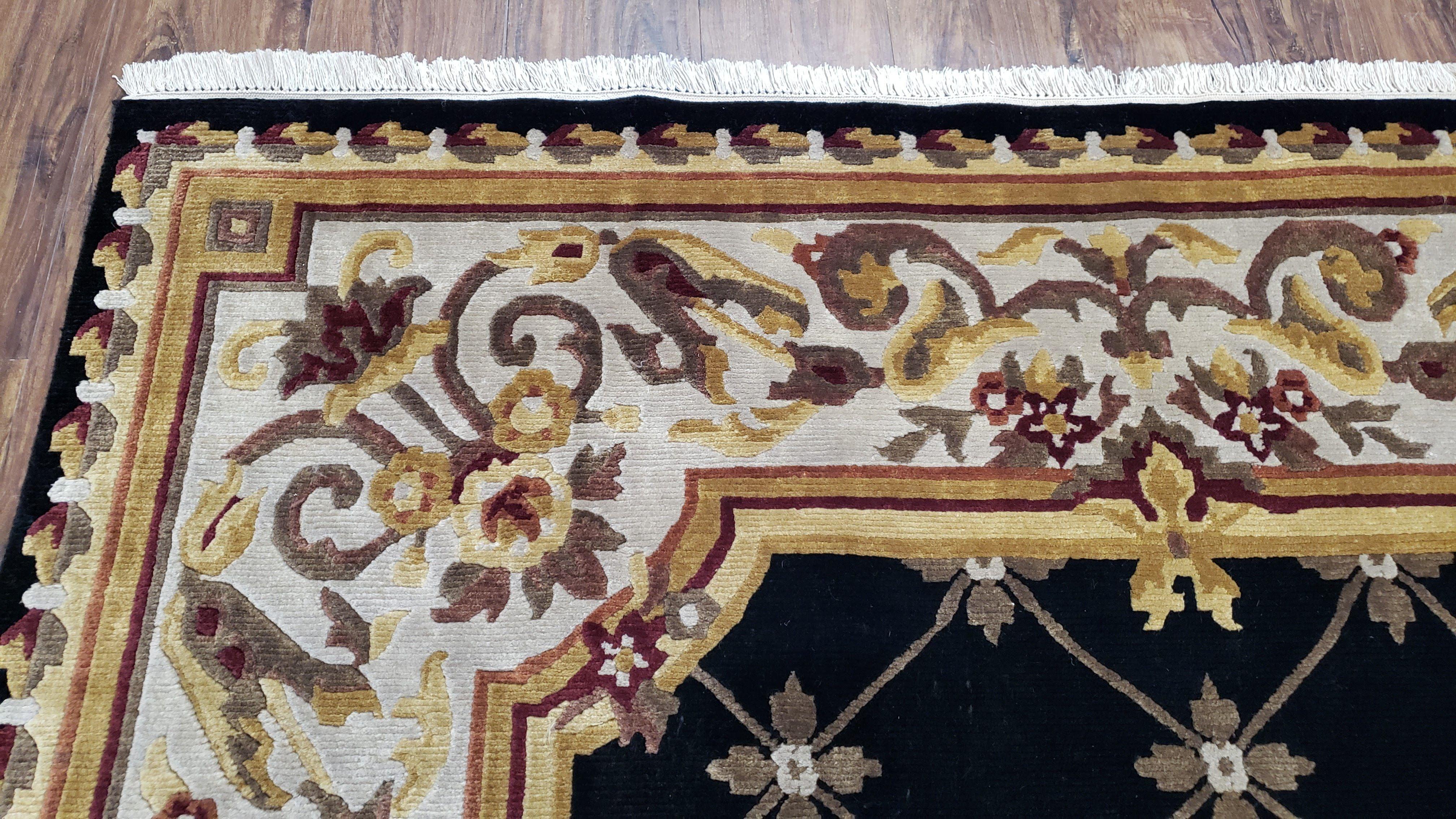 6x9 Nepalese Rug, Aubusson Savonnerie Area Rug 6 x 9 with Soft Pile, Hand-Knotted Wool Black & Beige Tibetan New Carpet European Design - Image 6