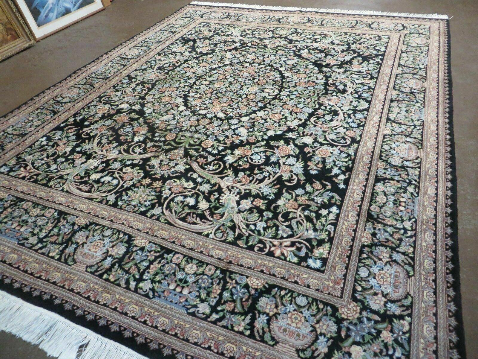 8' X 10' Vintage Handmade Pakistani Floral Wool Rug Black Nice - Image 2