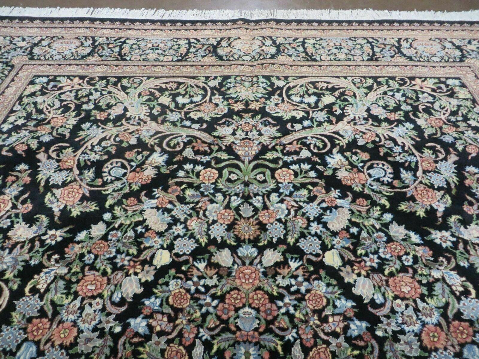 8' X 10' Vintage Handmade Pakistani Floral Wool Rug Black Nice - Image 3