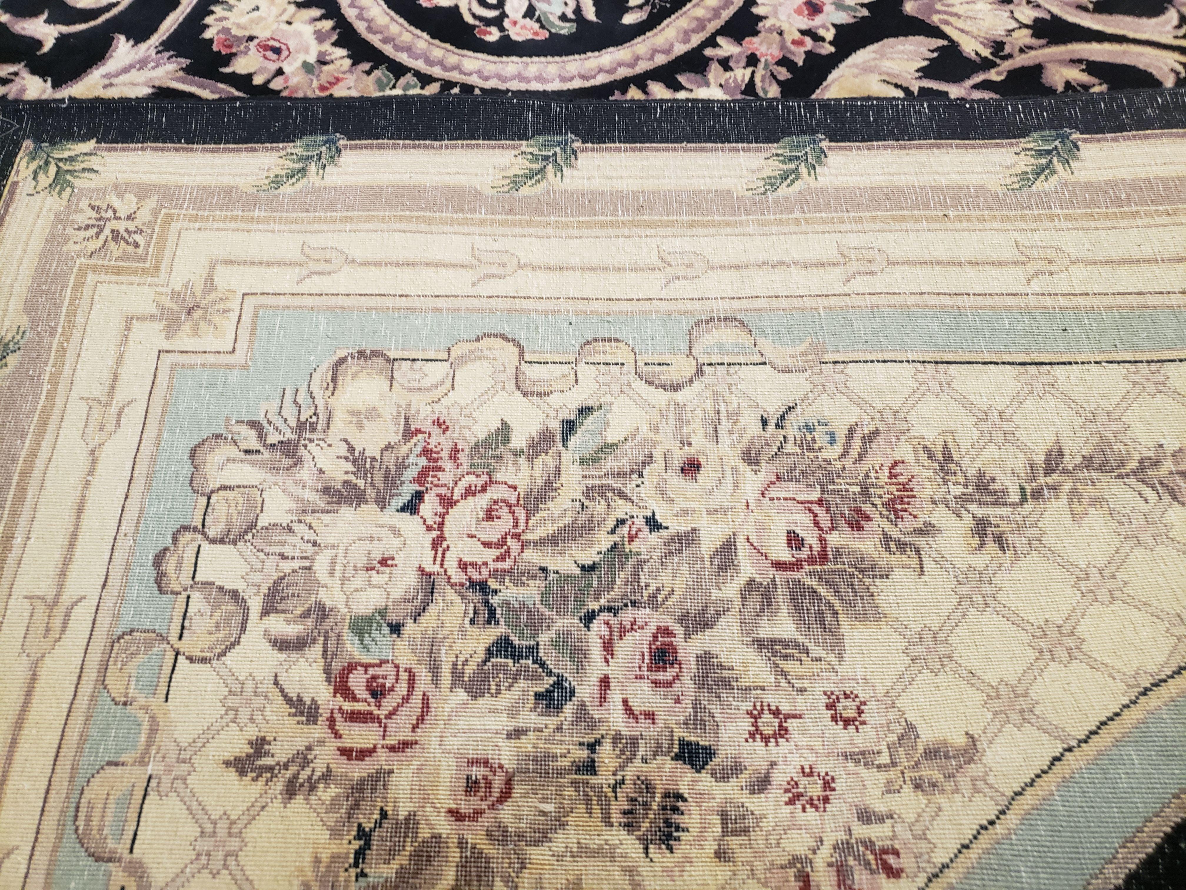 8x10 Aubusson Rug, Fine Hand Knotted Wool Carpet, French European Design, Black & Ivory - Image 10