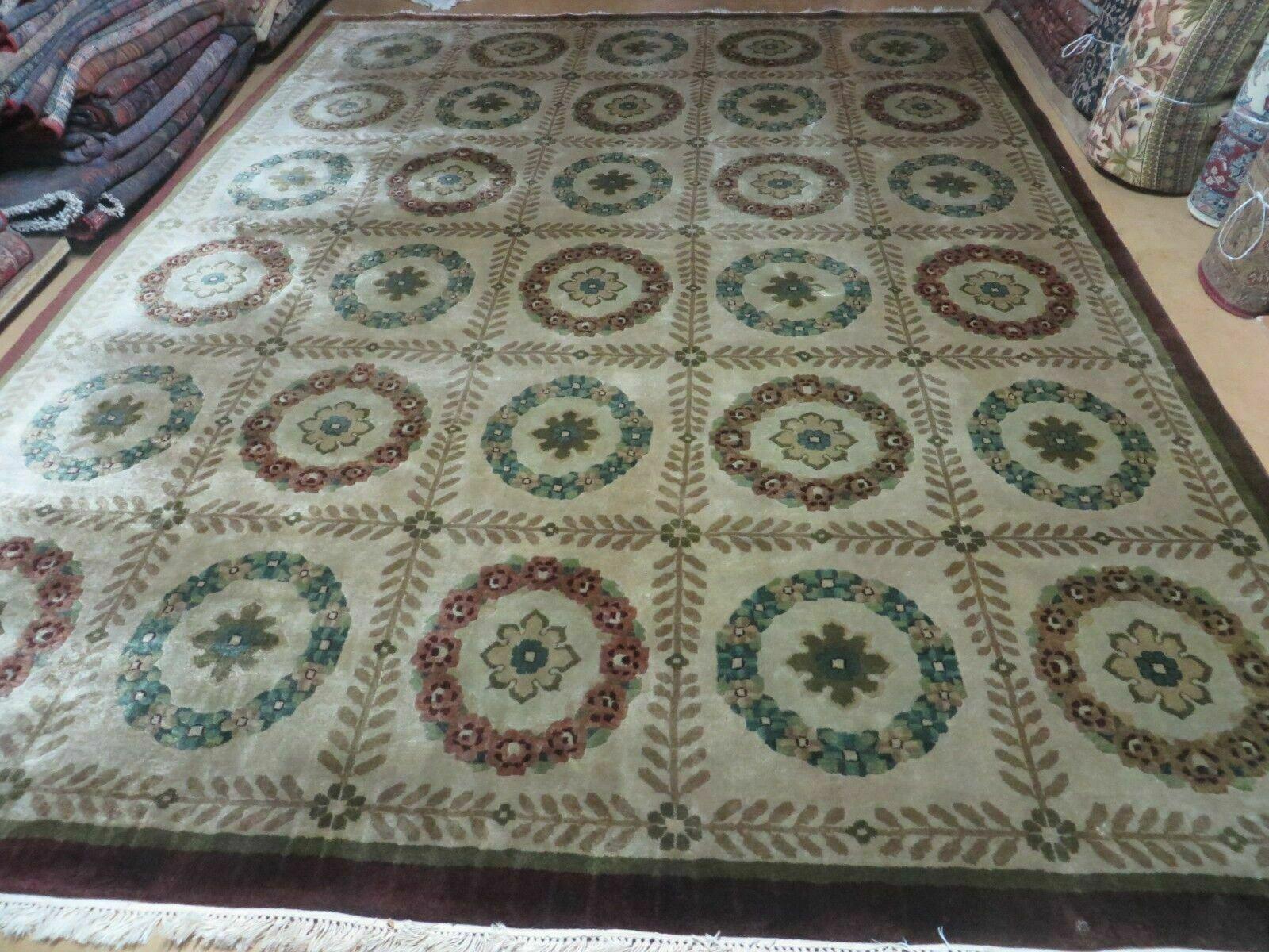 9' X 12' Modern Handmade Indo Lahore Wool Rug Art Deco Olive Ivory Nice Wow - Image 11