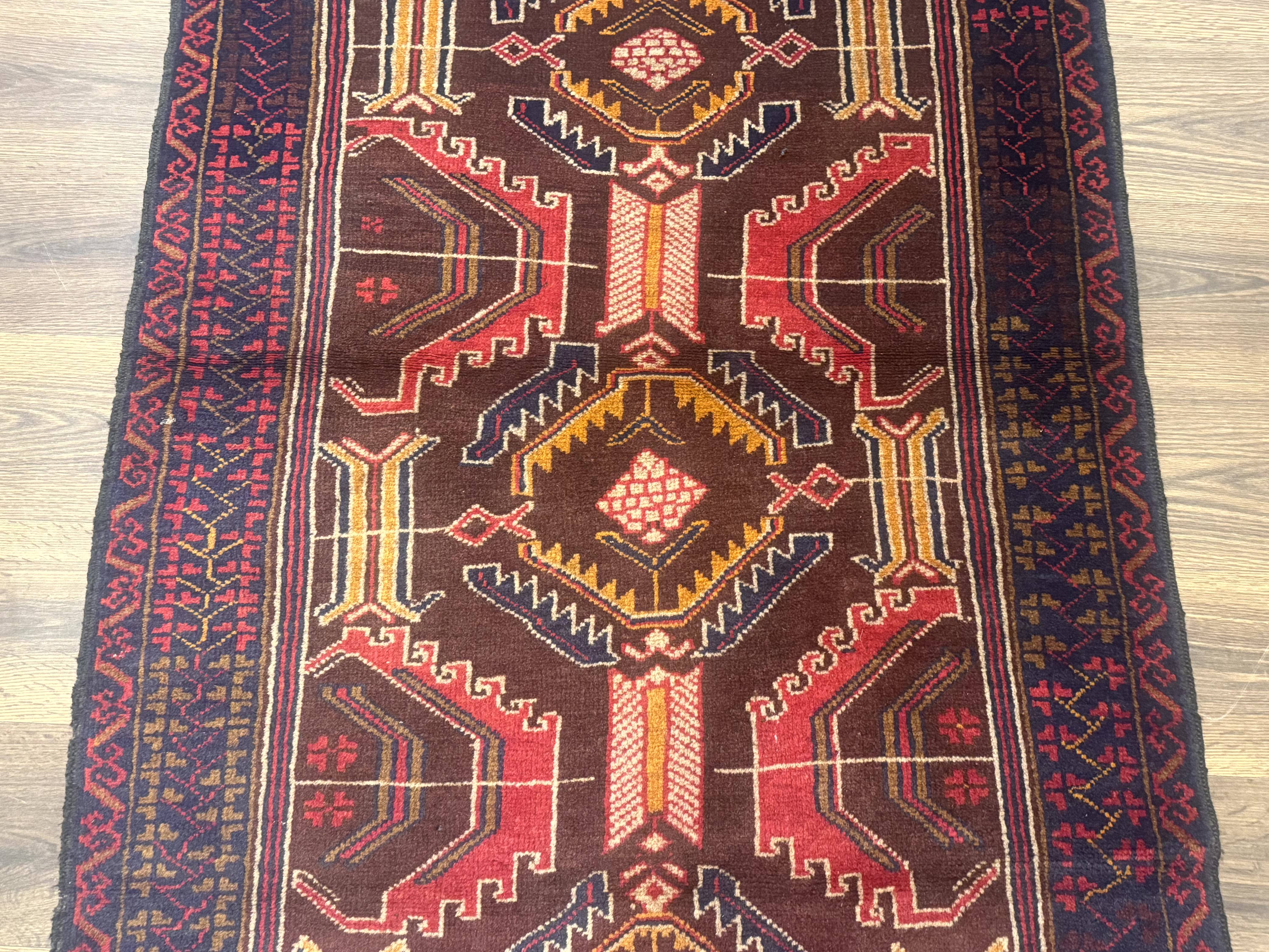 Afghan Rug 3x7, Maroon and Navy Blue, Balouch Carpet, Tribal Rug, New - Image 4