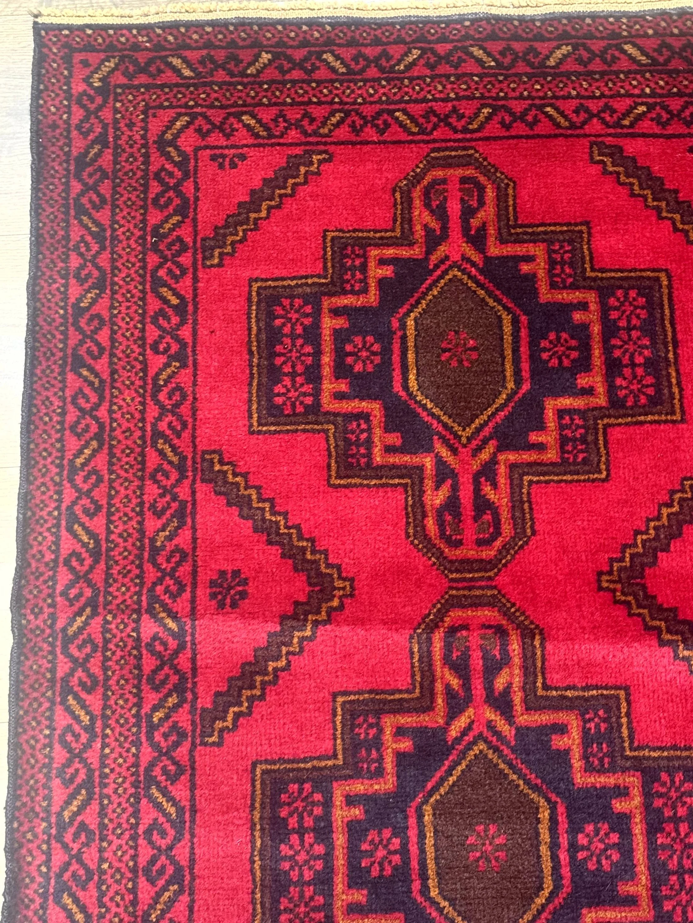 Afghan Rug 4x7, Tribal Carpet, Balouch Rug, Red and Navy Blue, Repeated Medallions, New - Image 6