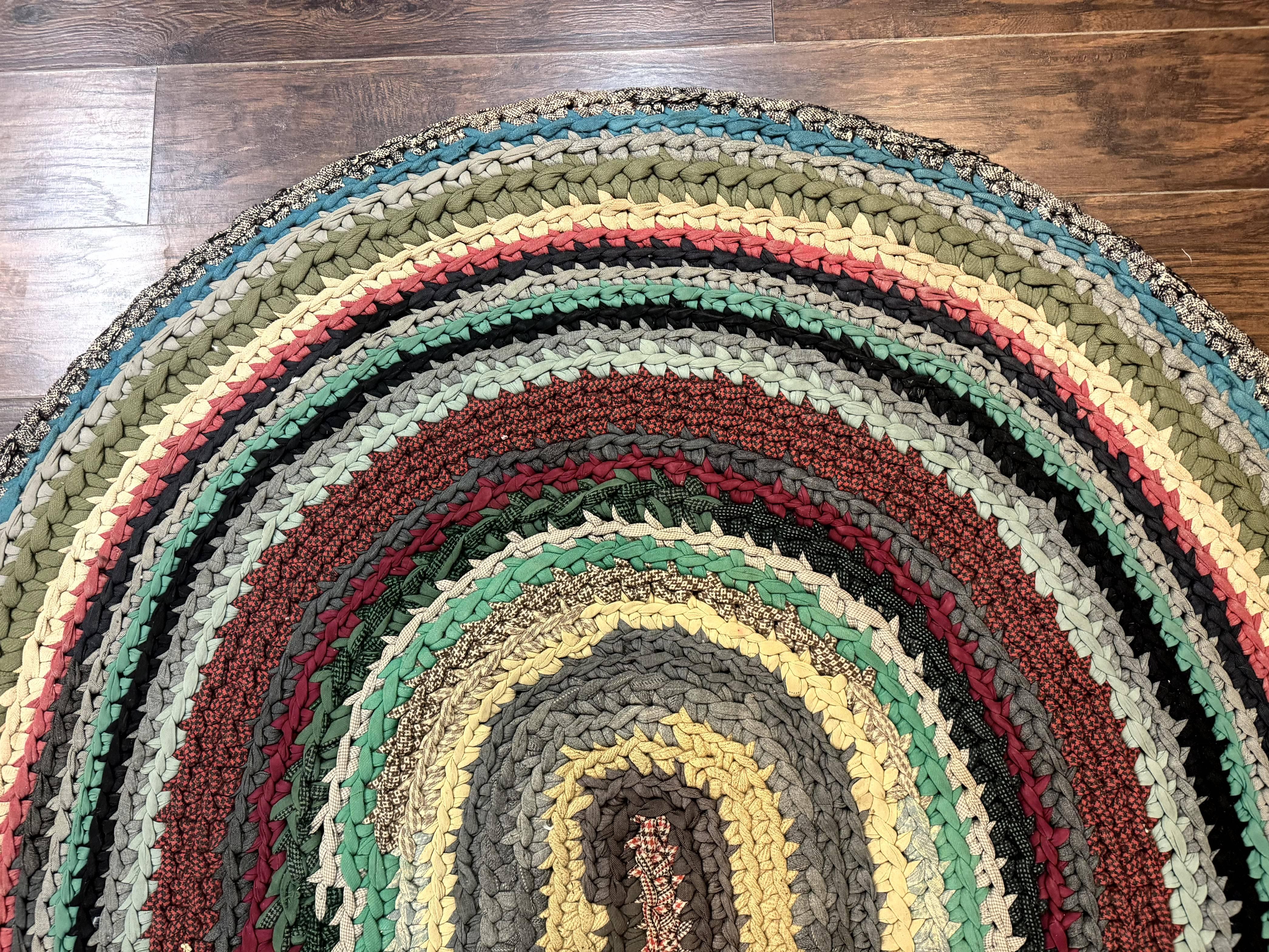 Antique American Braided Rug 5x7, Oval Multicolor Handmade Wool Braided Carpet - Image 3