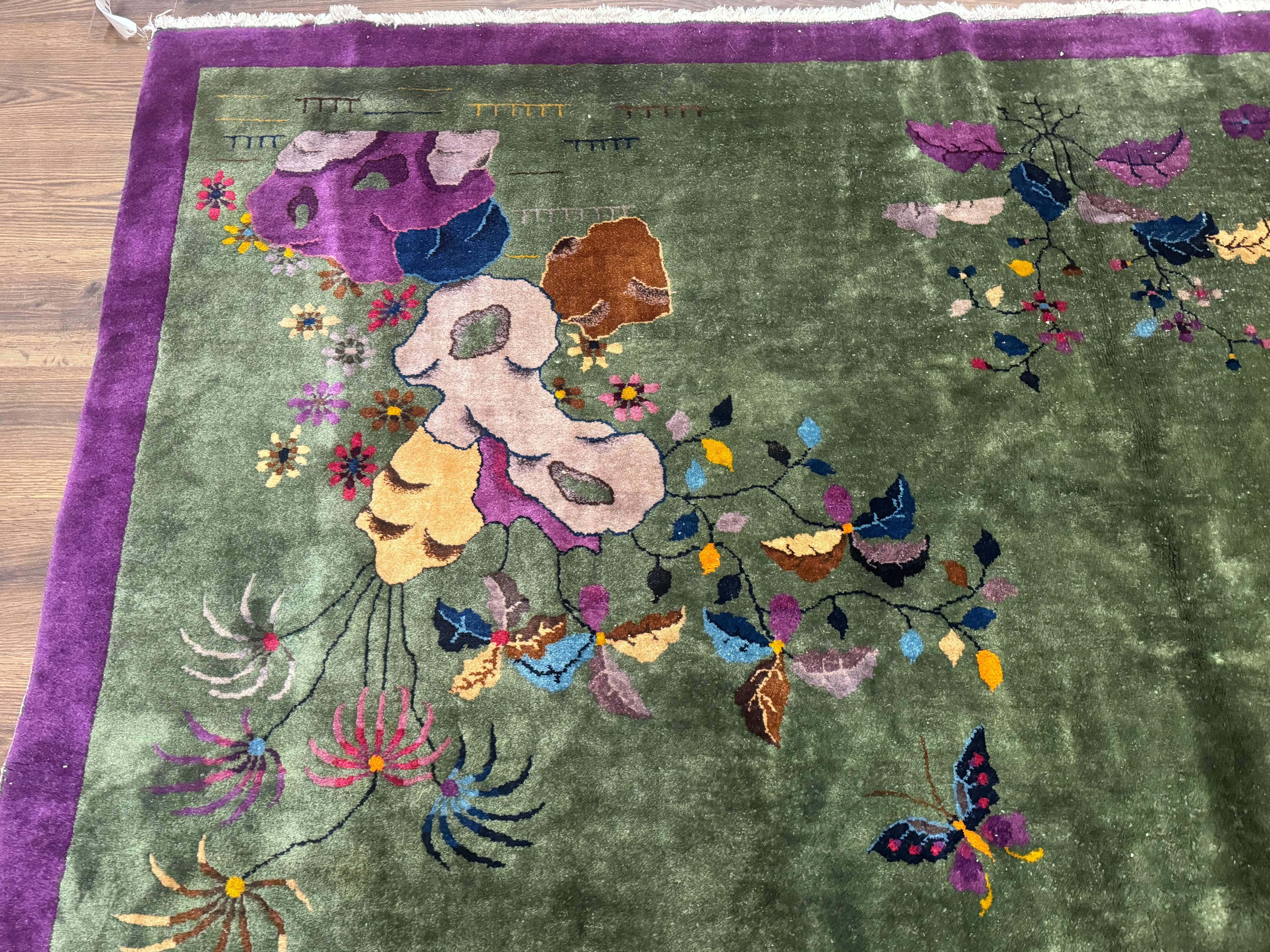 Antique Chinese Nichols Rug 9x12 - Rare Green and Purple Art Deco Carpet - Image 6