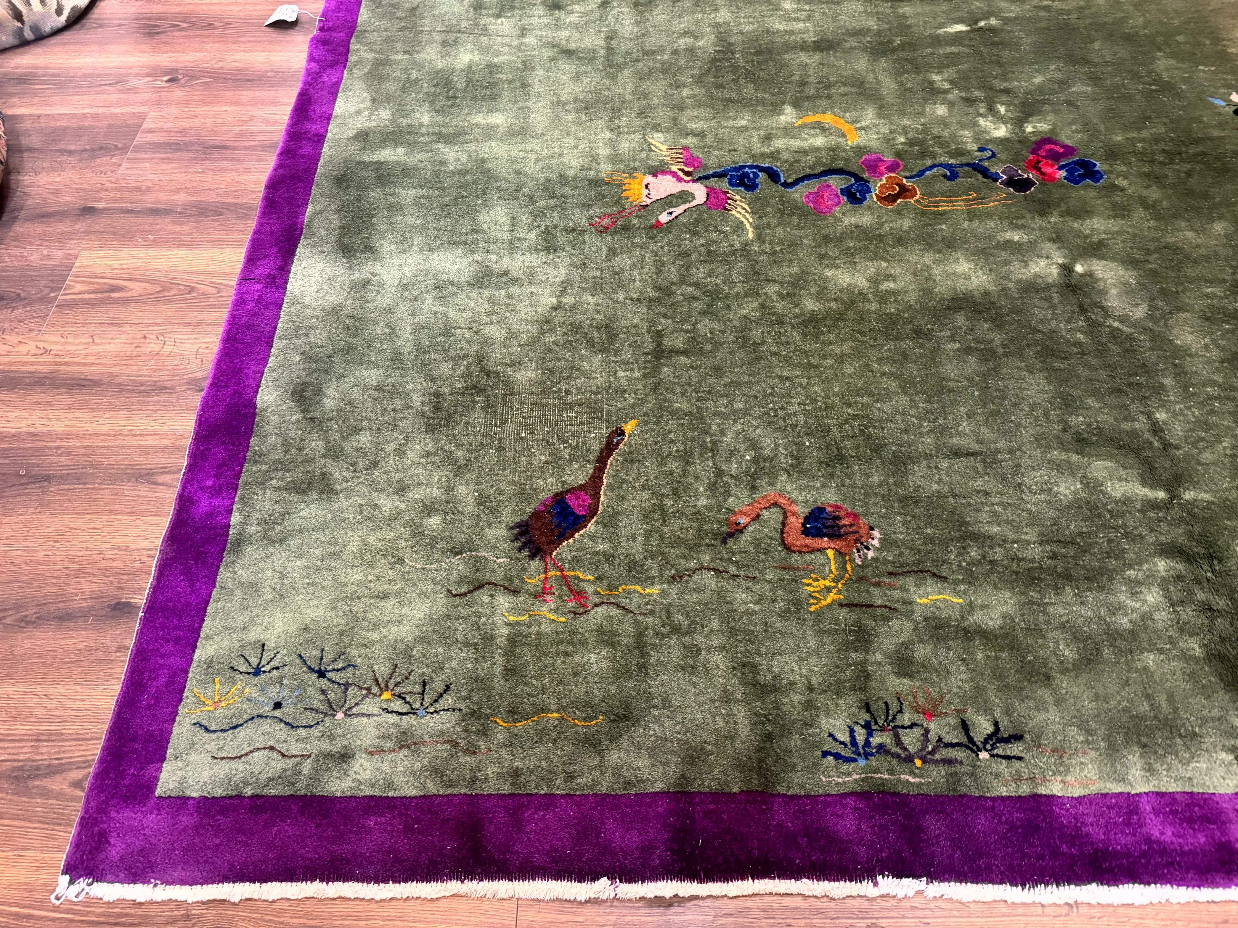 Antique Chinese Nichols Rug 9x12 - Rare Green and Purple Art Deco Carpet - Image 8
