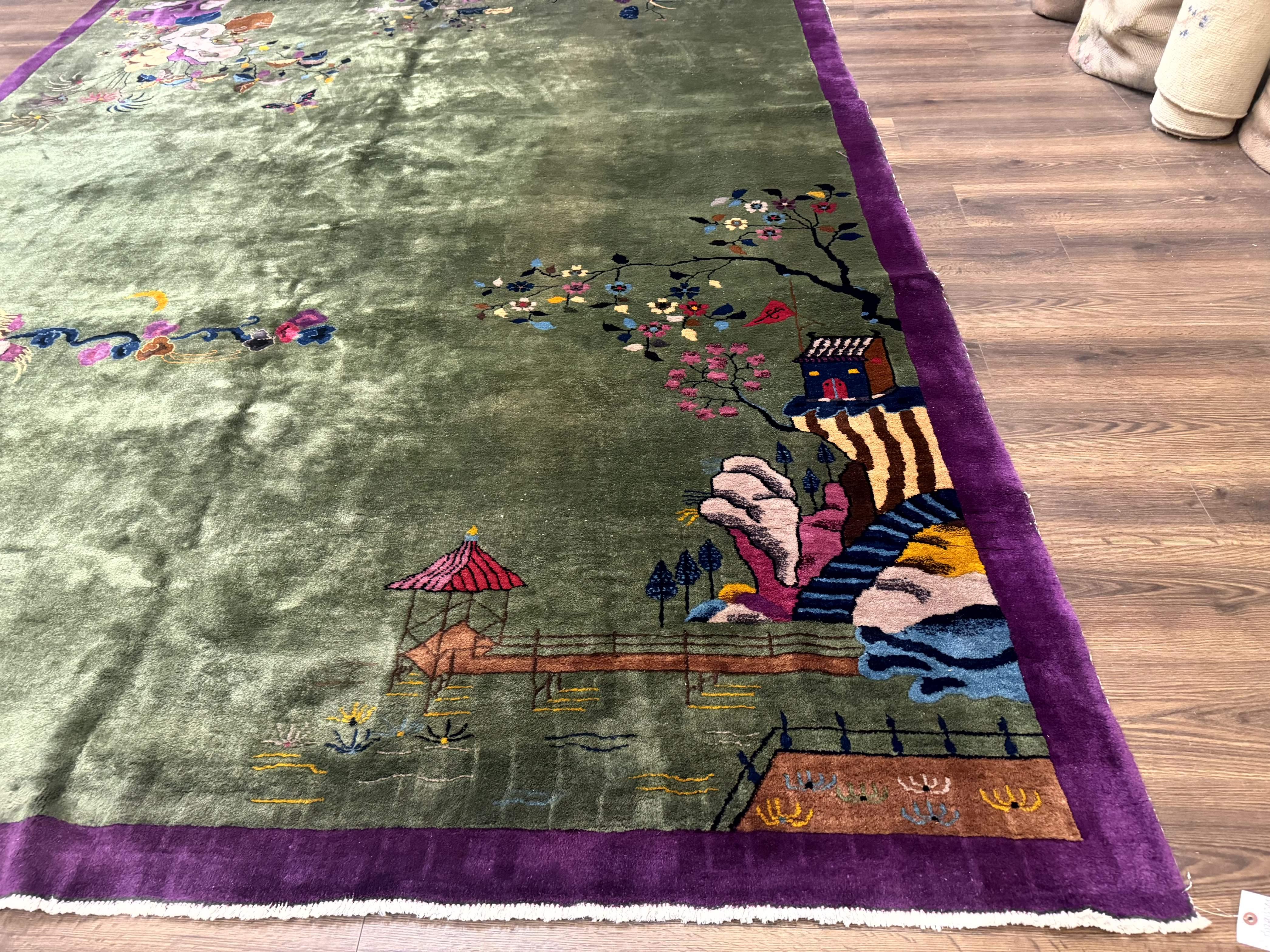 Antique Chinese Nichols Rug 9x12 - Rare Green and Purple Art Deco Carpet - Image 9