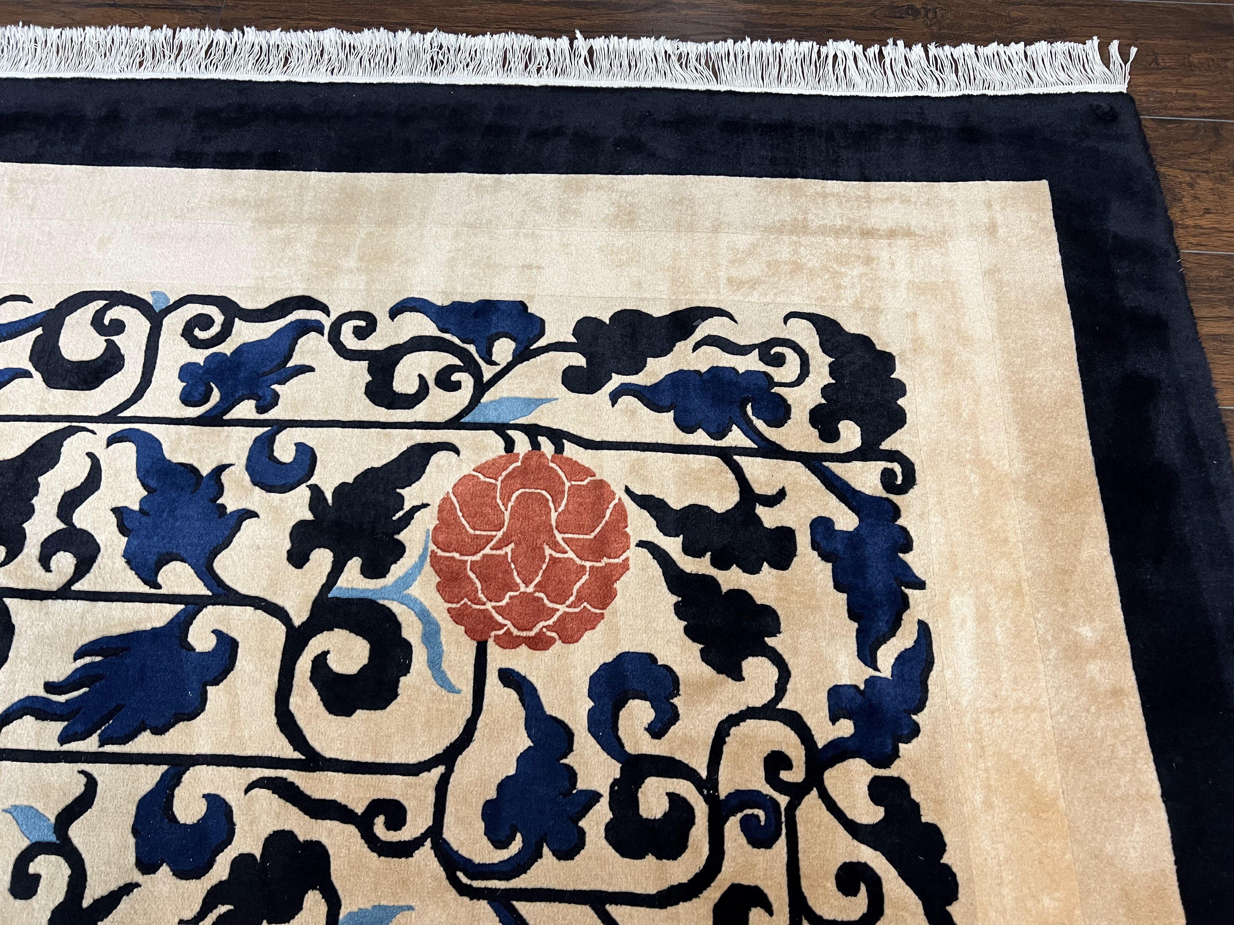 Antique Chinese Peking Rug 10x14, Beige Black, Handmade Wool Art Deco Carpet - Image 7