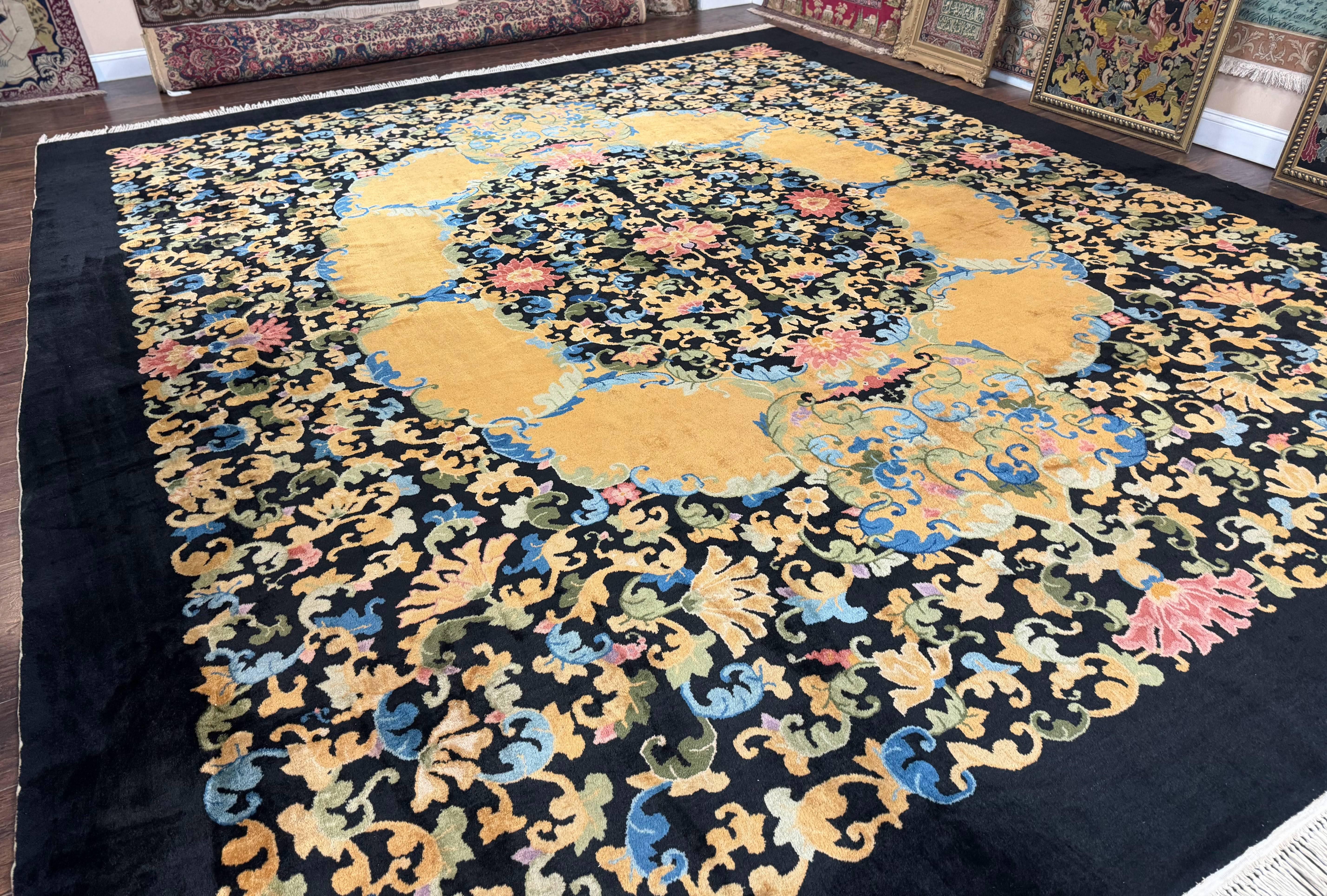 Antique Chinese Peking Rug 12.6 x 14.9, Palace Size Asian Oriental Carpet, Art Deco Rug, Rare - Image 12