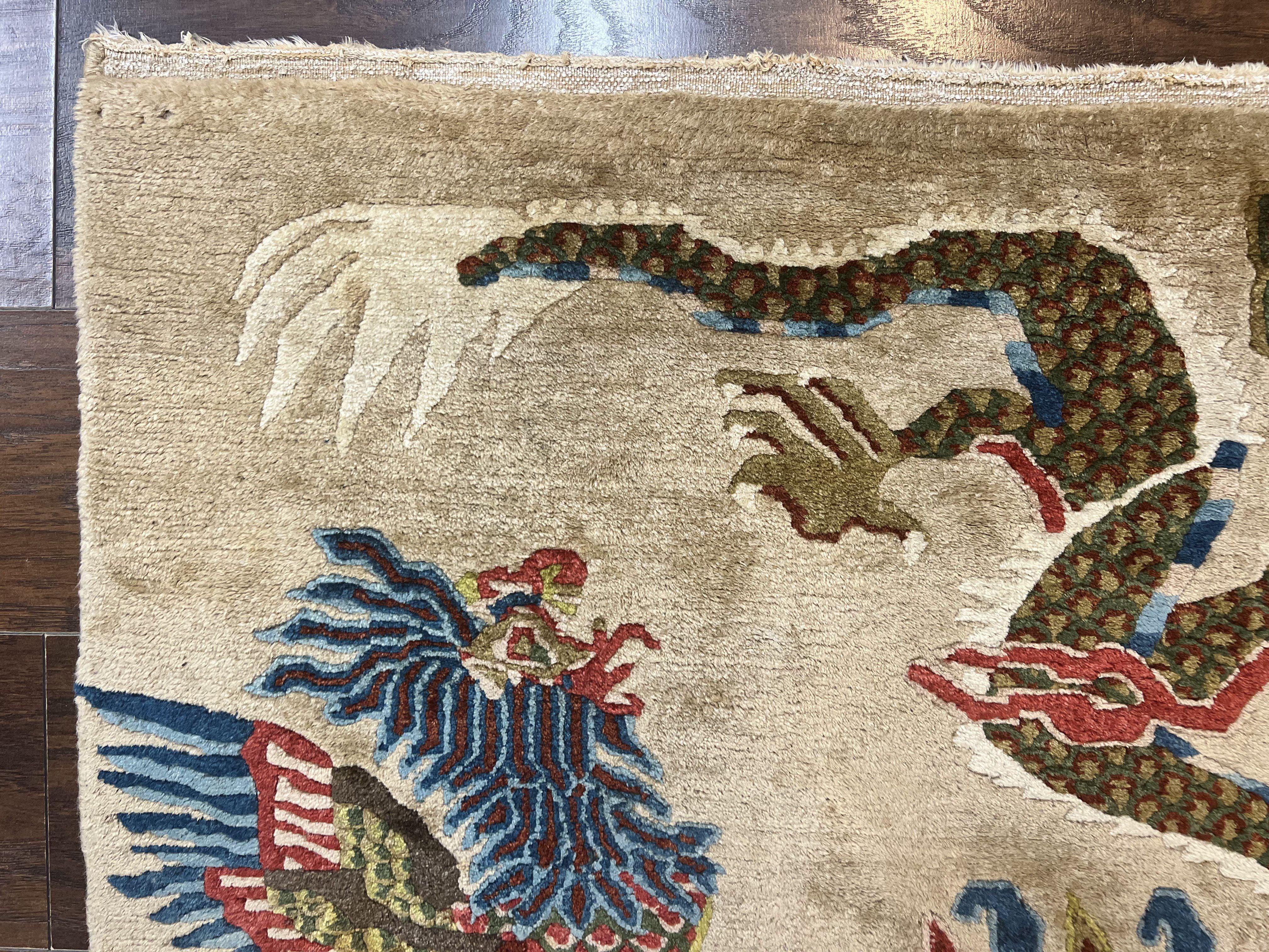 Antique Chinese Peking Rug 3 x 5.6, Dragon Motifs, Handmade Wool Asian Oriental Carpet - Image 6