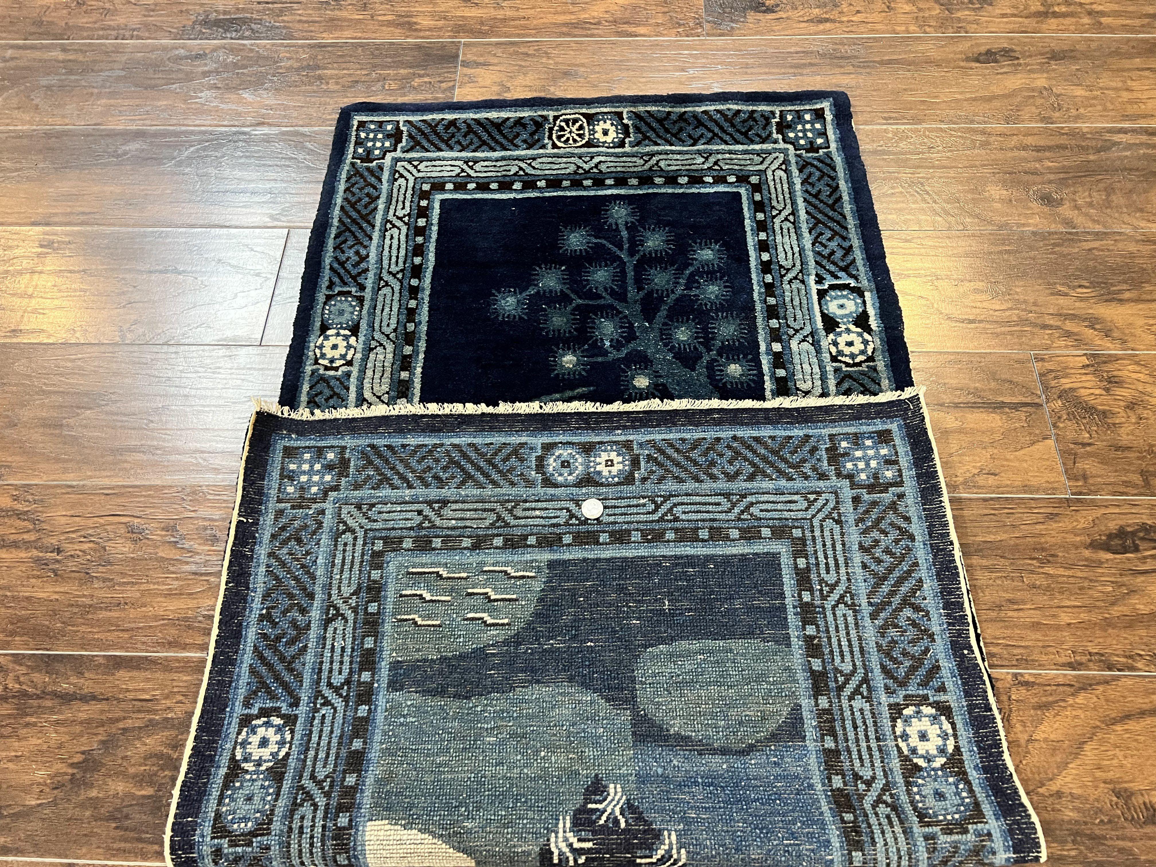 Antique Chinese Peking Rug 3x5, Dark Blue Chinese Wool Rug 3 x 5, Animal Pictorials Deer Birds, Handmade Asian Oriental Chinese Carpet - Image 11
