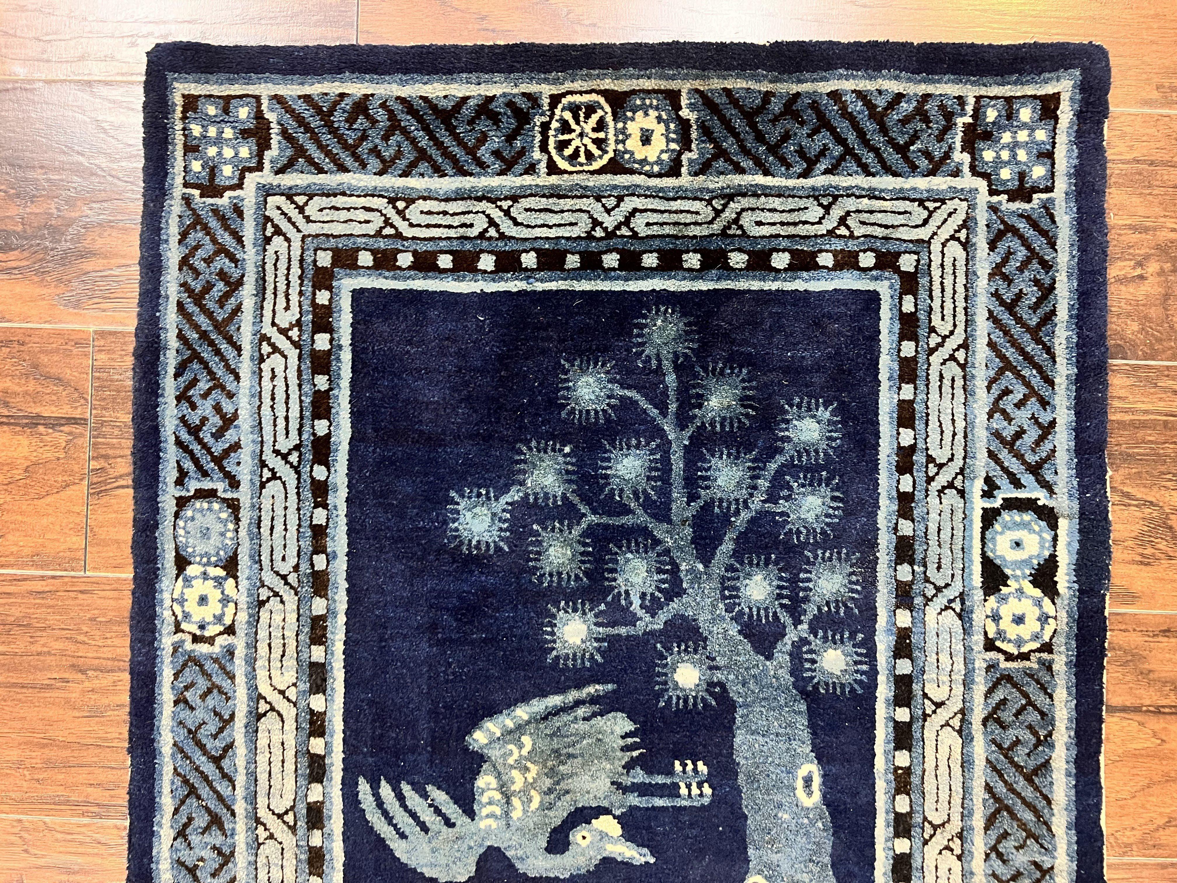 Antique Chinese Peking Rug 3x5, Dark Blue Chinese Wool Rug 3 x 5, Animal Pictorials Deer Birds, Handmade Asian Oriental Chinese Carpet - Image 3