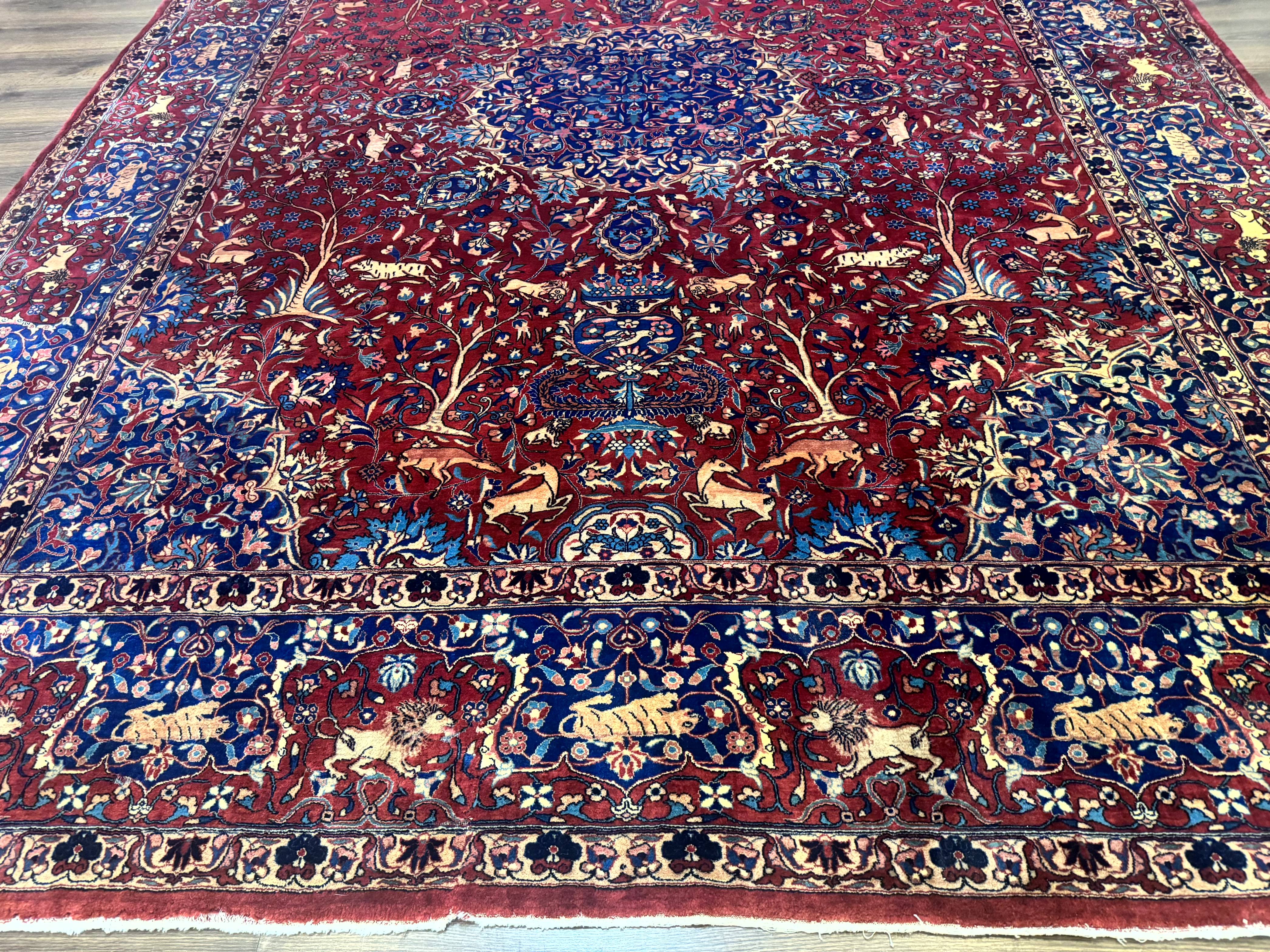 Antique Indo Persian Kerman Rug 9x12 Red Manchester Wool Animal Pictorials, Fine 290 KPSI - Image 5