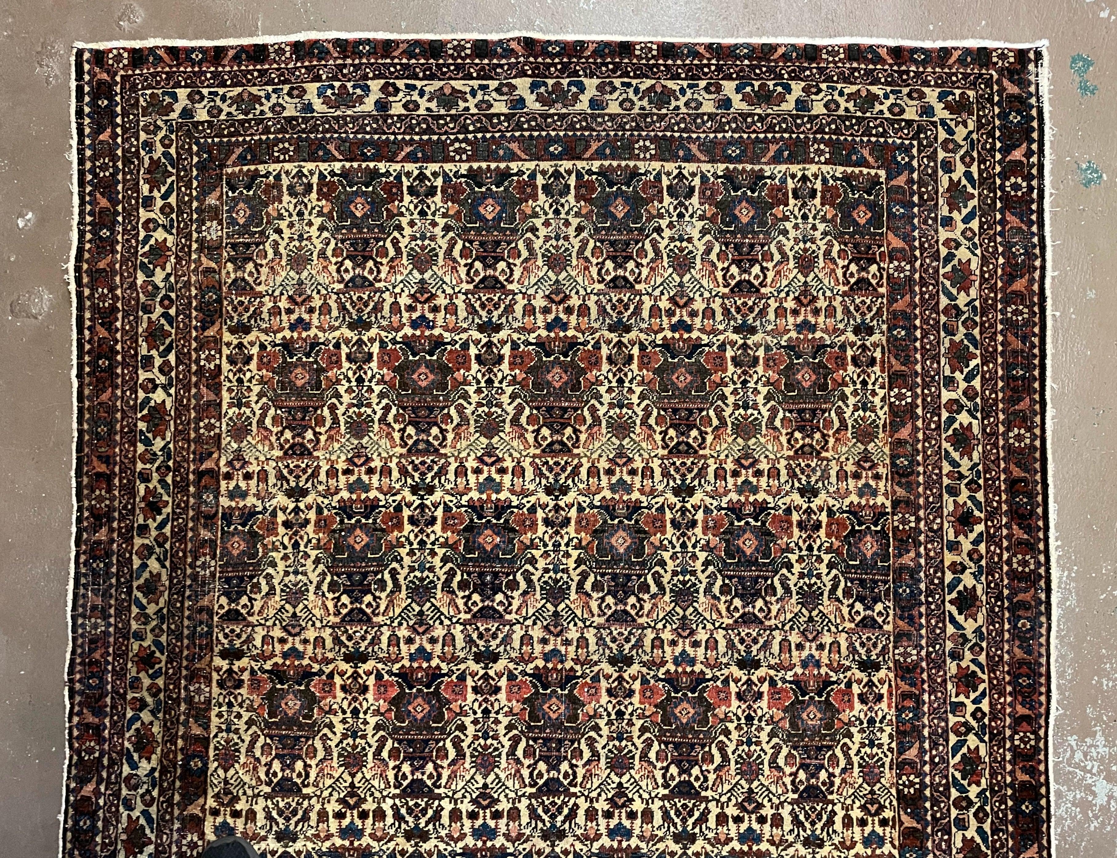 Antique Persian Afshar Rug 5x7, Wool Hand Knotted Oriental Carpet 5 x 7 ft, Repeated Motif Allover, Cream and Maroon, Tribal Rug, Medium Sized Rug,  Zil-i-Sultan Design - Image 4