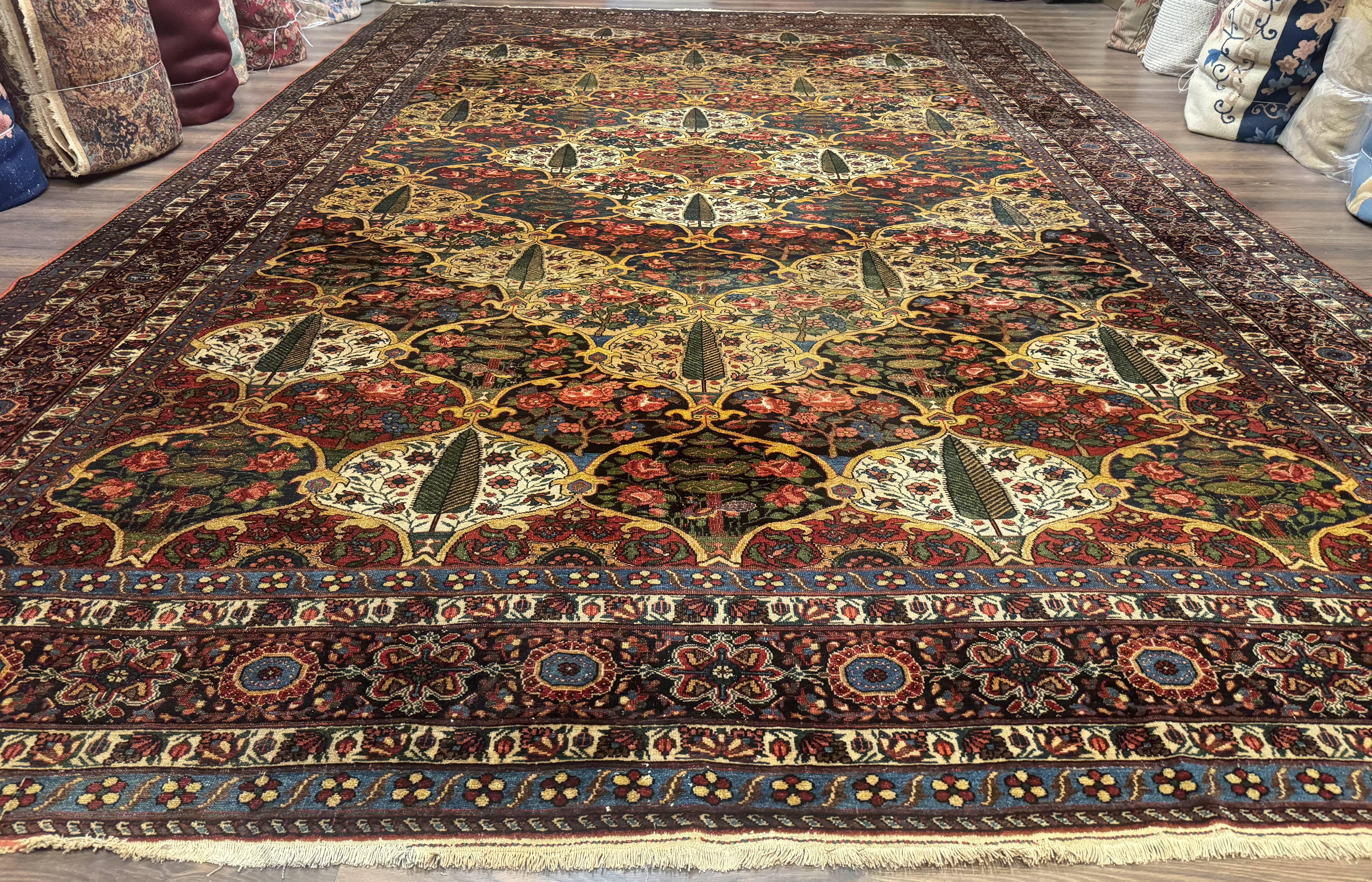 Antique Persian Bakhtiari Rug 12x19, Palace Size Wool Handmade Persian Carpet, Oversized Rug, Panel Design, Peacocks, Multicolor, Rare