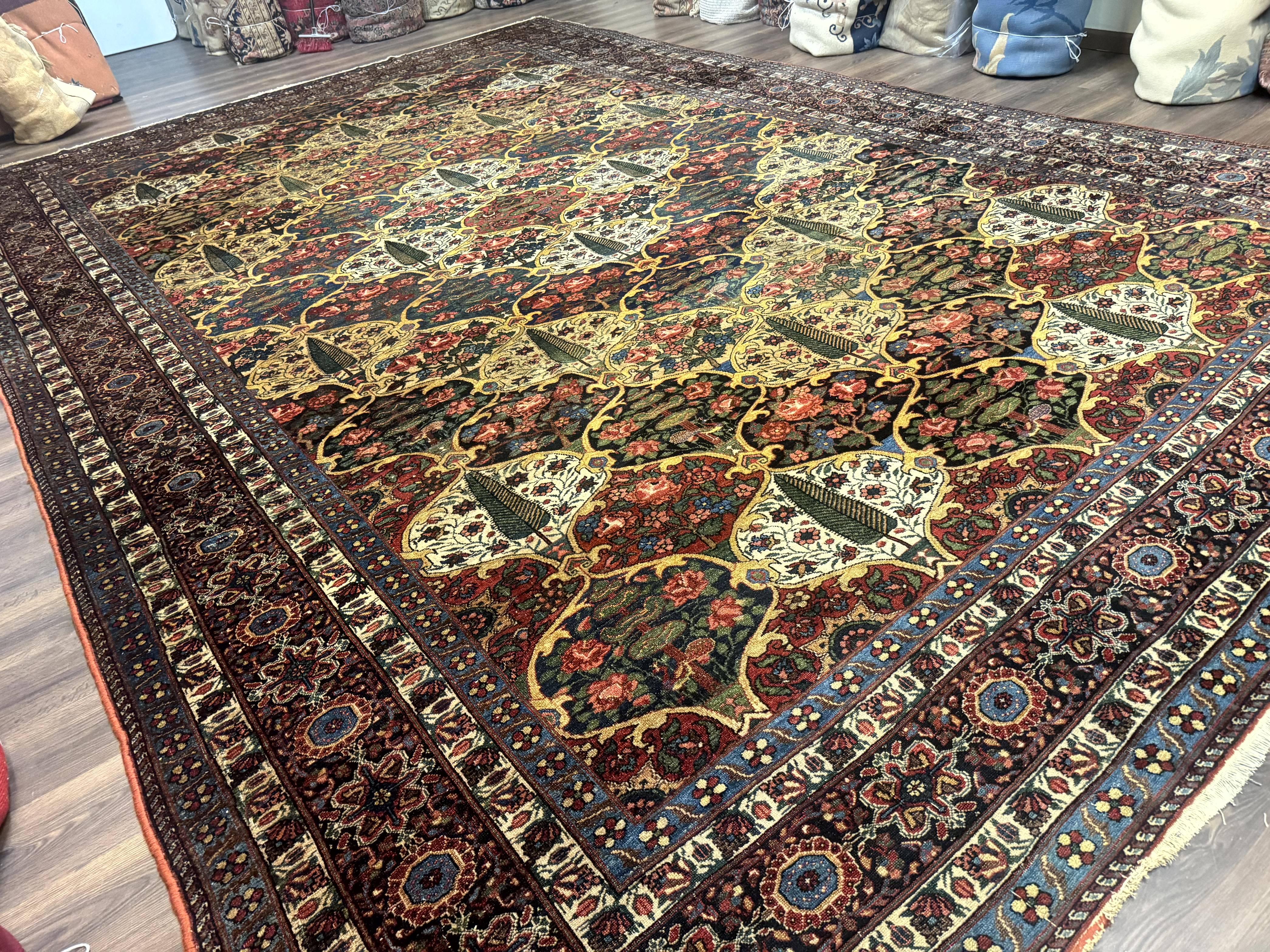 Antique Persian Bakhtiari Rug 12x19, Palace Size Wool Handmade Persian Carpet, Oversized Rug, Panel Design, Peacocks, Multicolor, Rare - Image 12