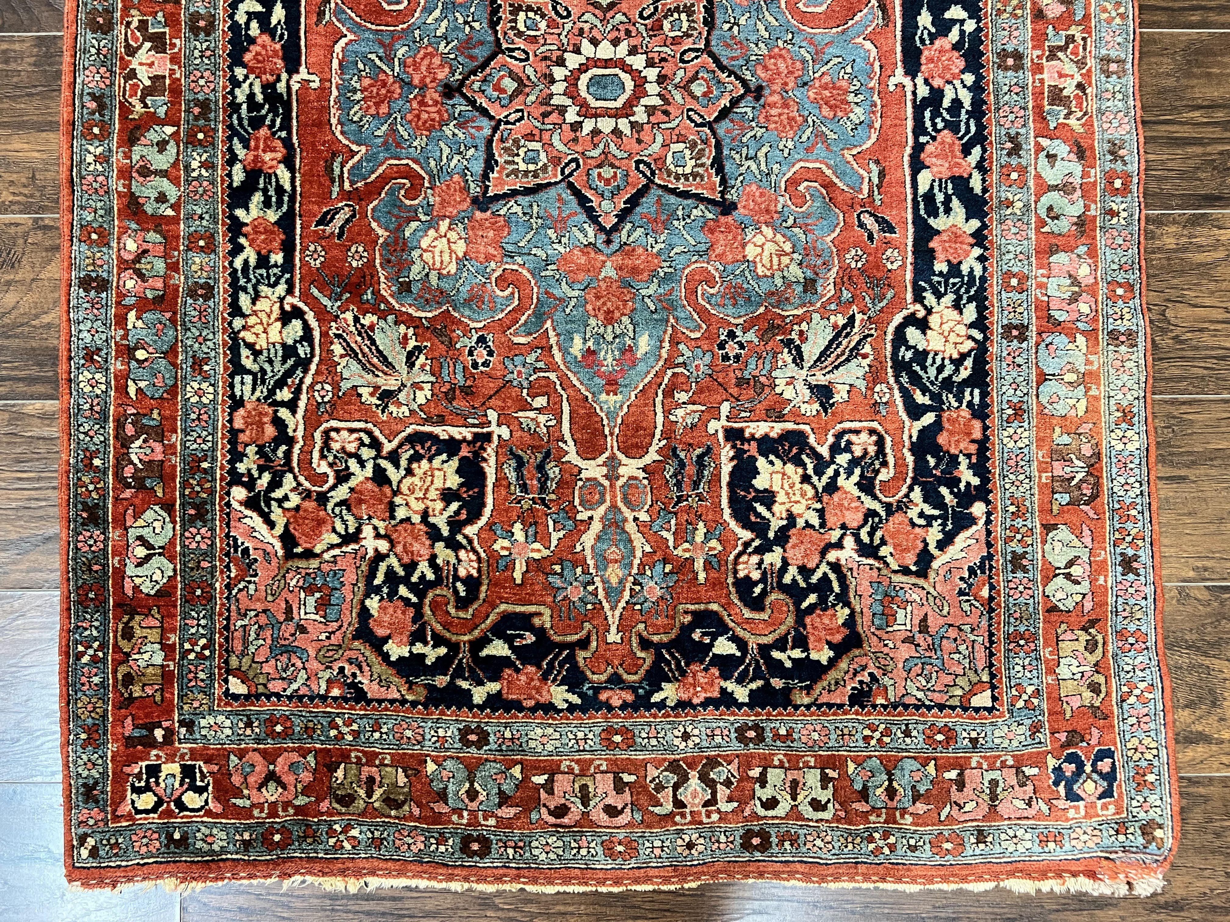 Antique Persian Bidjar Rug 4x5, Red and Blue, Hand Knotted Wool Carpet - Image 5