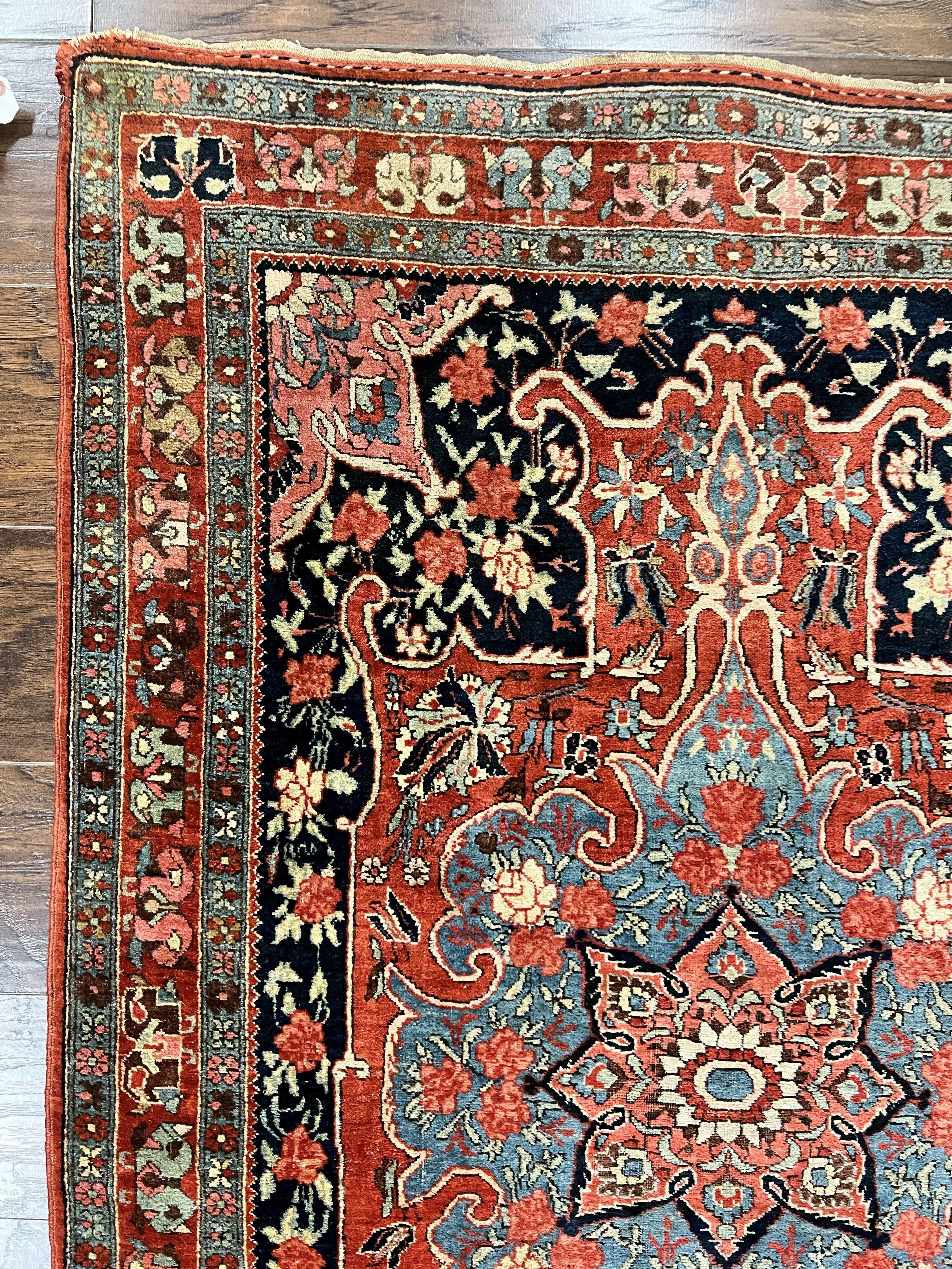 Antique Persian Bidjar Rug 4x5, Red and Blue, Hand Knotted Wool Carpet - Image 6