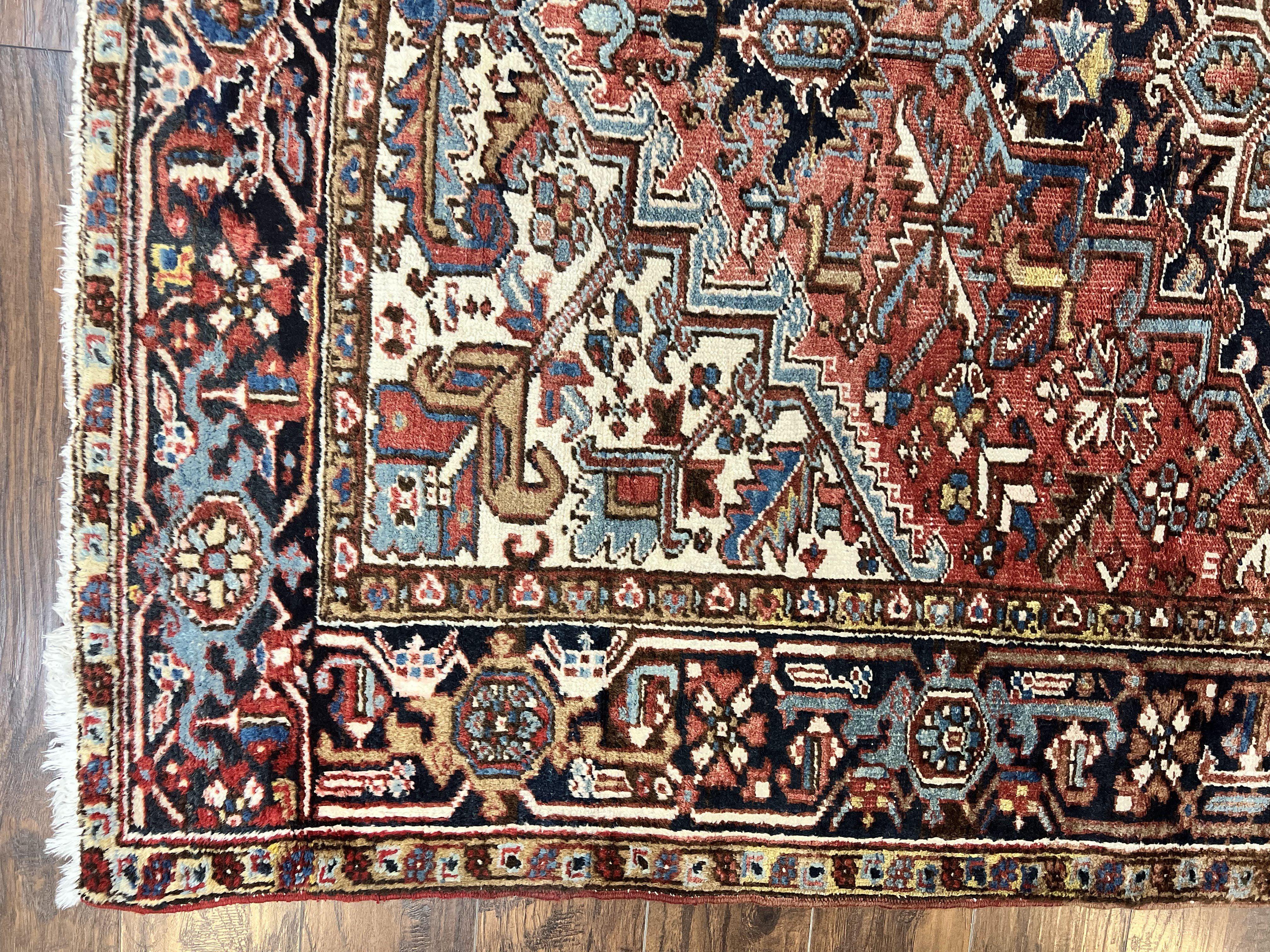 Antique Persian Heriz Rug 6x8, Geometric Medallion, 1920s Oriental Carpet, Handmade Wool Rug - Image 7