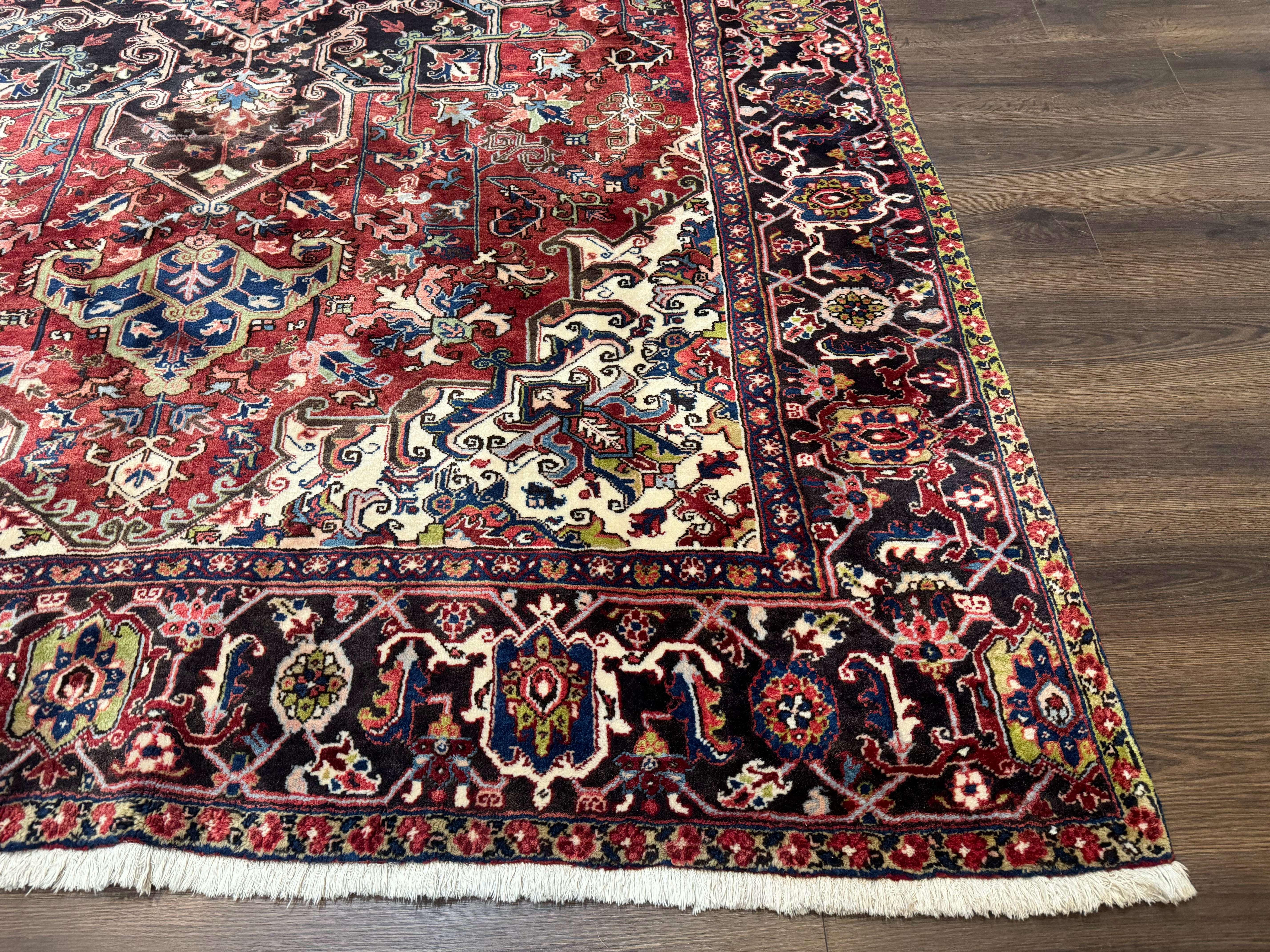 Antique Persian Heriz Rug 8x11, Geometric Tribal Wool Carpet, Brick Red - Image 9