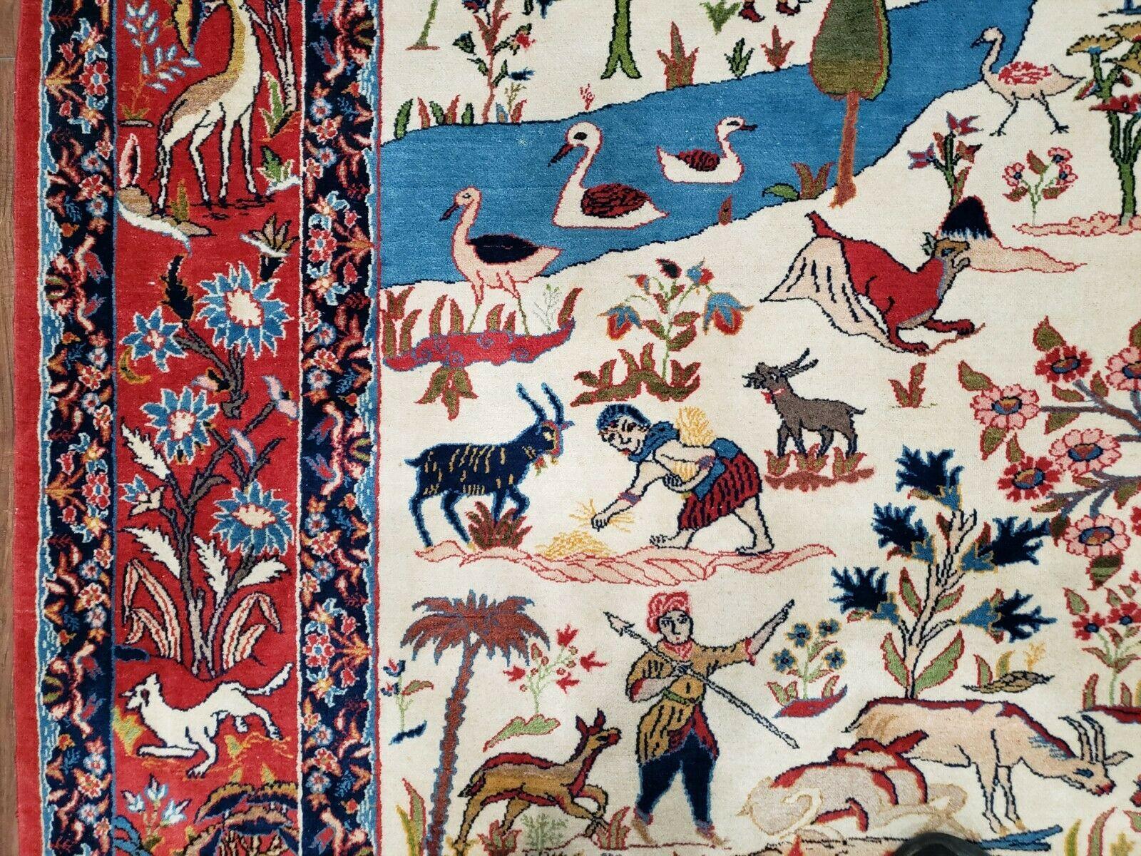Antique Persian Isfahan Rug 5x7, Animal and Human Pictorials, Hand Knotted Fine Oriental Wool Carpet, Cream and Red, High KPSI, Vintage Rug 5 x 7 ft - Image 11