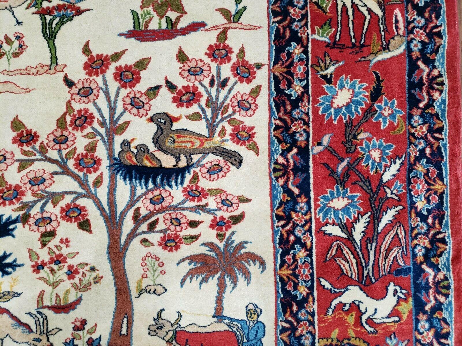Antique Persian Isfahan Rug 5x7, Animal and Human Pictorials, Hand Knotted Fine Oriental Wool Carpet, Cream and Red, High KPSI, Vintage Rug 5 x 7 ft - Image 12