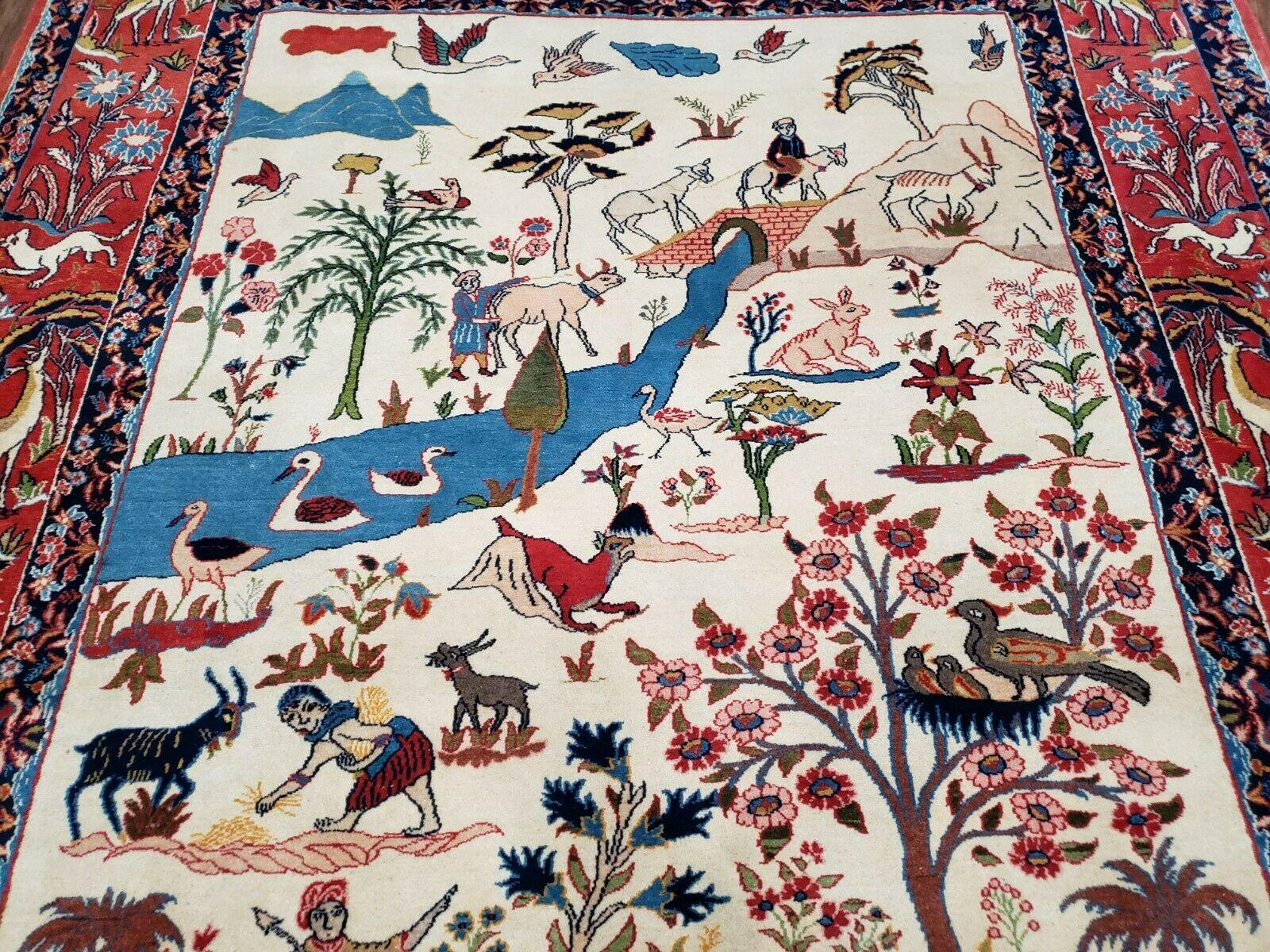 Antique Persian Isfahan Rug 5x7, Animal and Human Pictorials, Hand Knotted Fine Oriental Wool Carpet, Cream and Red, High KPSI, Vintage Rug 5 x 7 ft - Image 2