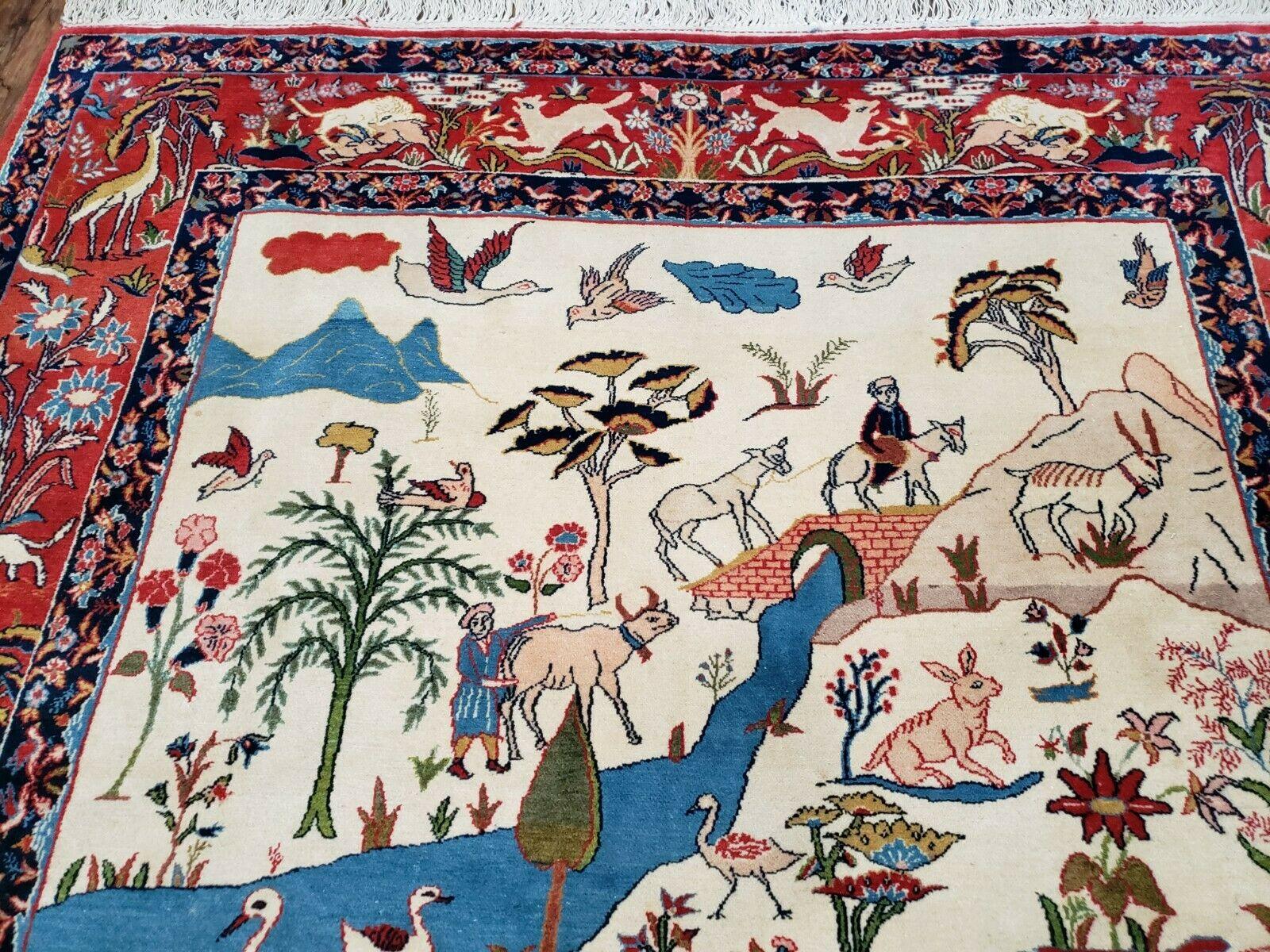 Antique Persian Isfahan Rug 5x7, Animal and Human Pictorials, Hand Knotted Fine Oriental Wool Carpet, Cream and Red, High KPSI, Vintage Rug 5 x 7 ft - Image 3