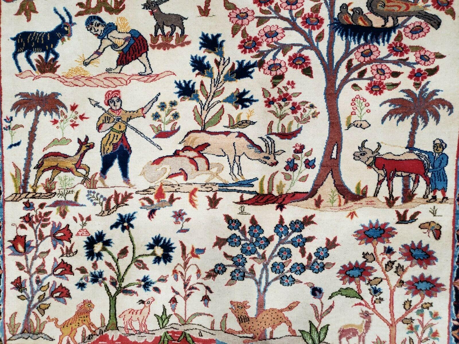 Antique Persian Isfahan Rug 5x7, Animal and Human Pictorials, Hand Knotted Fine Oriental Wool Carpet, Cream and Red, High KPSI, Vintage Rug 5 x 7 ft - Image 4
