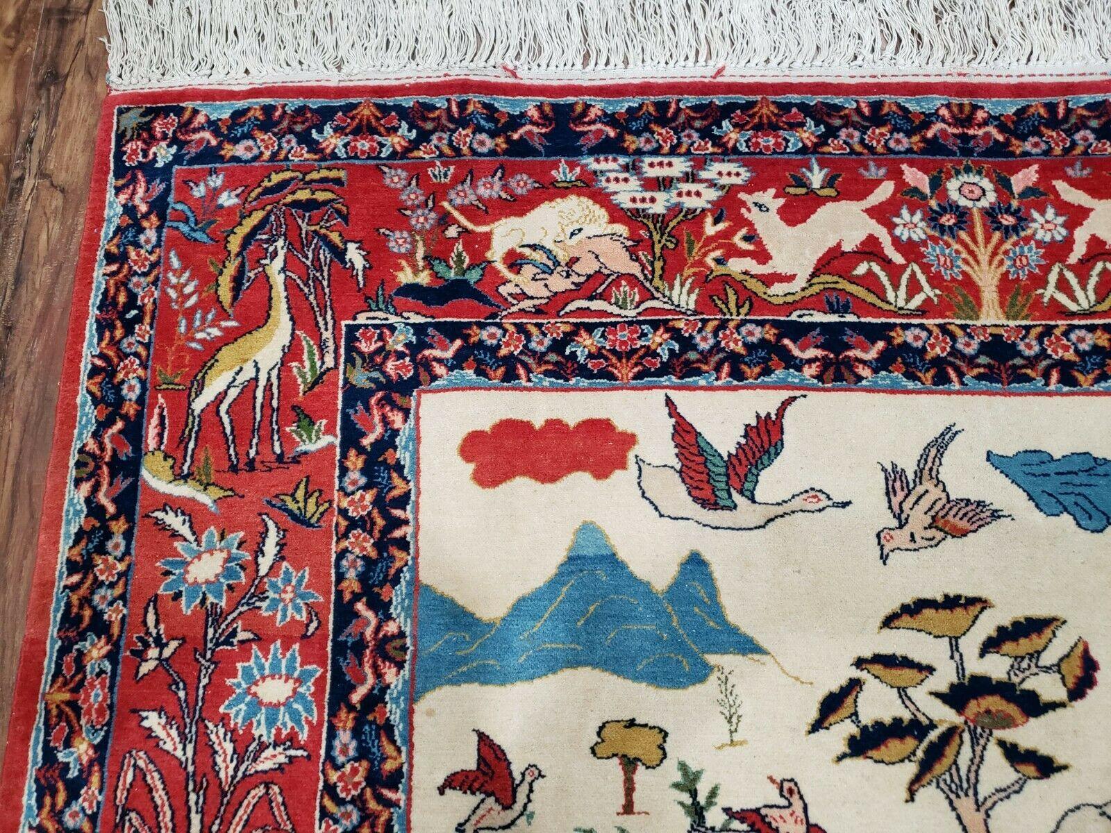 Antique Persian Isfahan Rug 5x7, Animal and Human Pictorials, Hand Knotted Fine Oriental Wool Carpet, Cream and Red, High KPSI, Vintage Rug 5 x 7 ft - Image 6