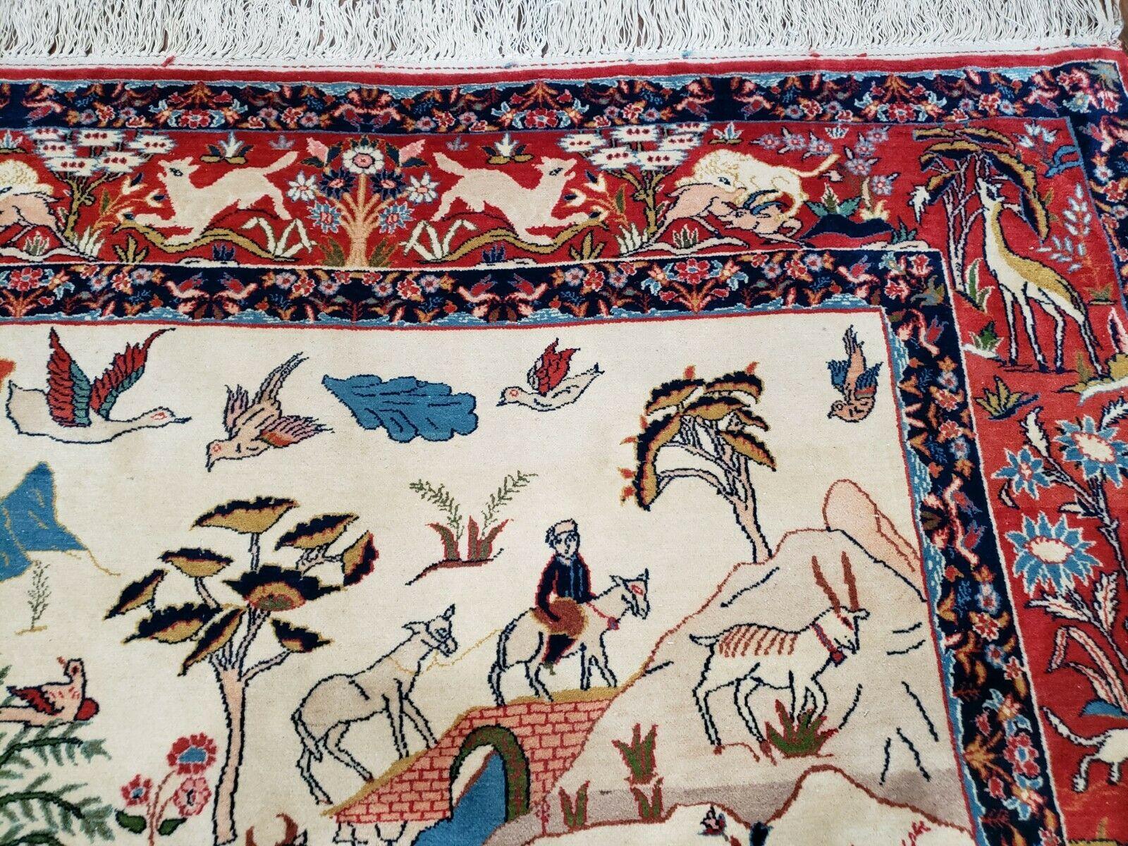 Antique Persian Isfahan Rug 5x7, Animal and Human Pictorials, Hand Knotted Fine Oriental Wool Carpet, Cream and Red, High KPSI, Vintage Rug 5 x 7 ft - Image 7