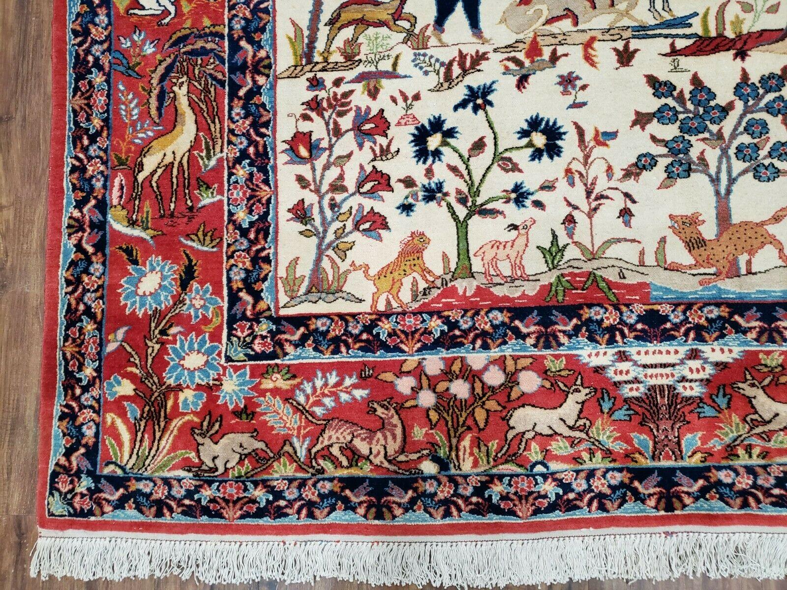 Antique Persian Isfahan Rug 5x7, Animal and Human Pictorials, Hand Knotted Fine Oriental Wool Carpet, Cream and Red, High KPSI, Vintage Rug 5 x 7 ft - Image 8