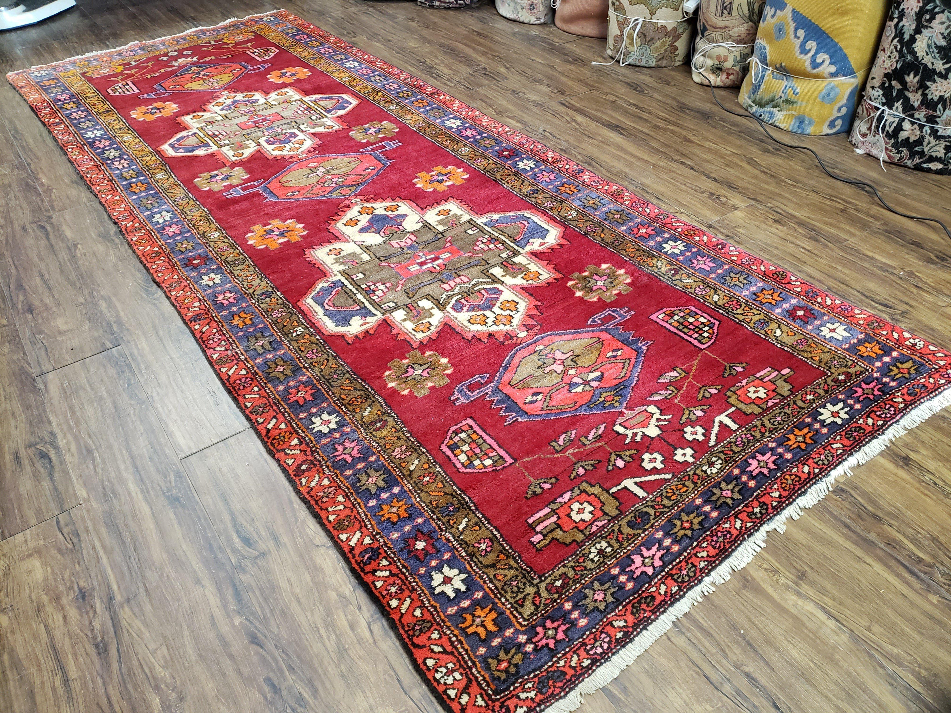 Antique Persian Karajeh Runner Rug 4.4 x 11 ft, Red Colorful Geometric Medallion Runner - Image 2