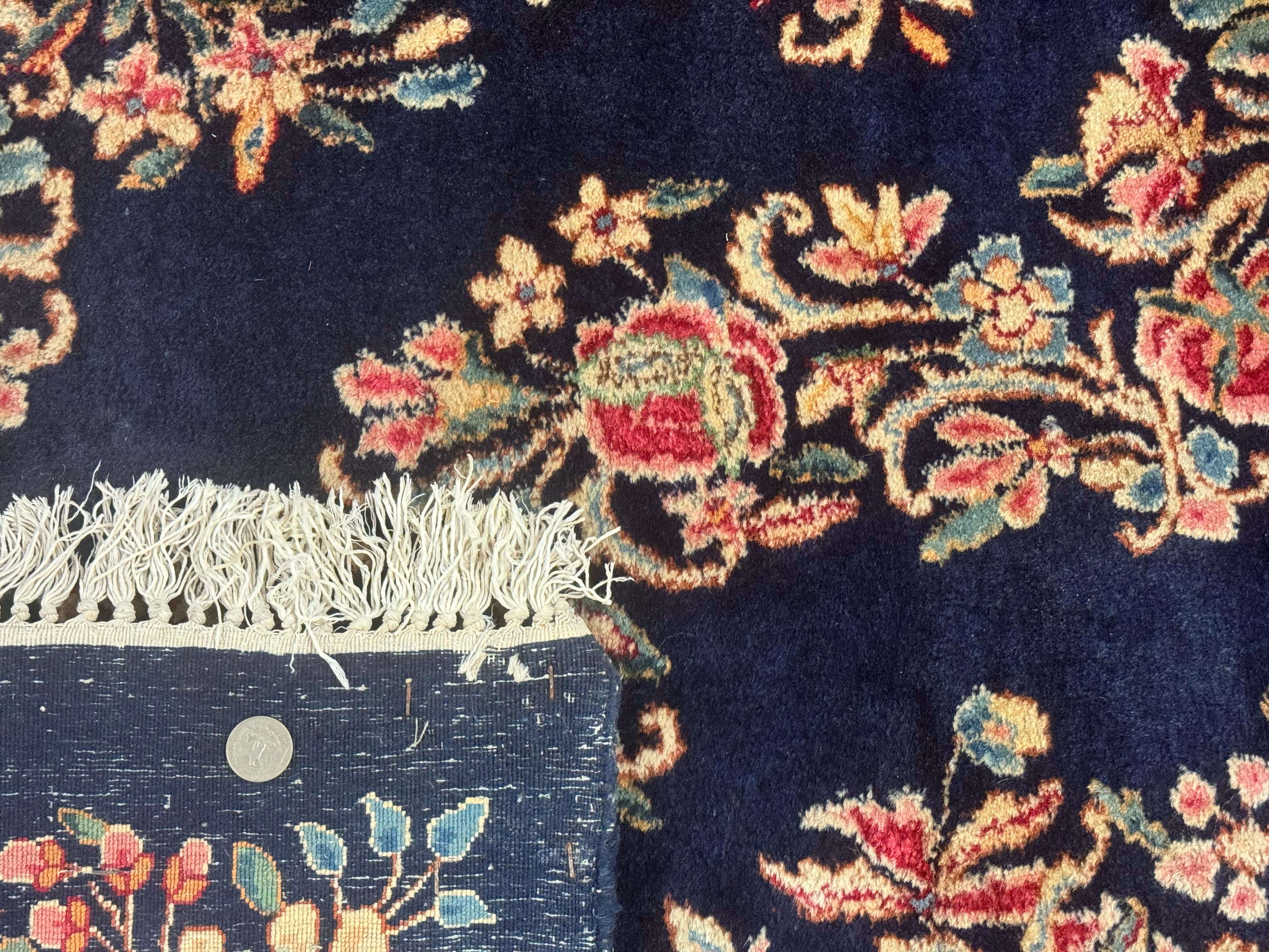 Antique Persian Kerman Rug 10x13, Navy Blue Floral Carpet, Fine 270 KPSI - Image 10