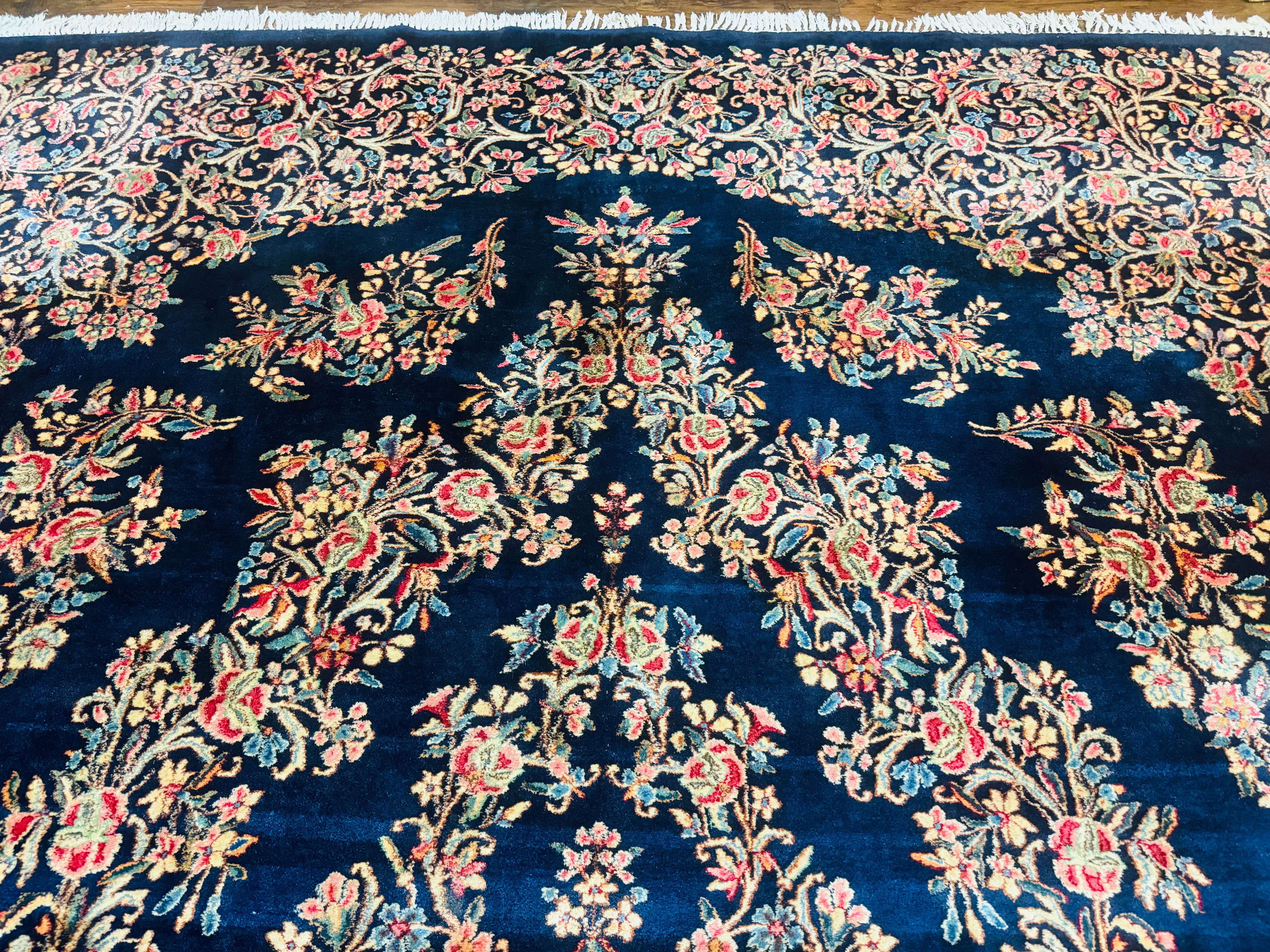 Antique Persian Kerman Rug 10x13, Navy Blue Floral Carpet, Fine 270 KPSI - Image 3
