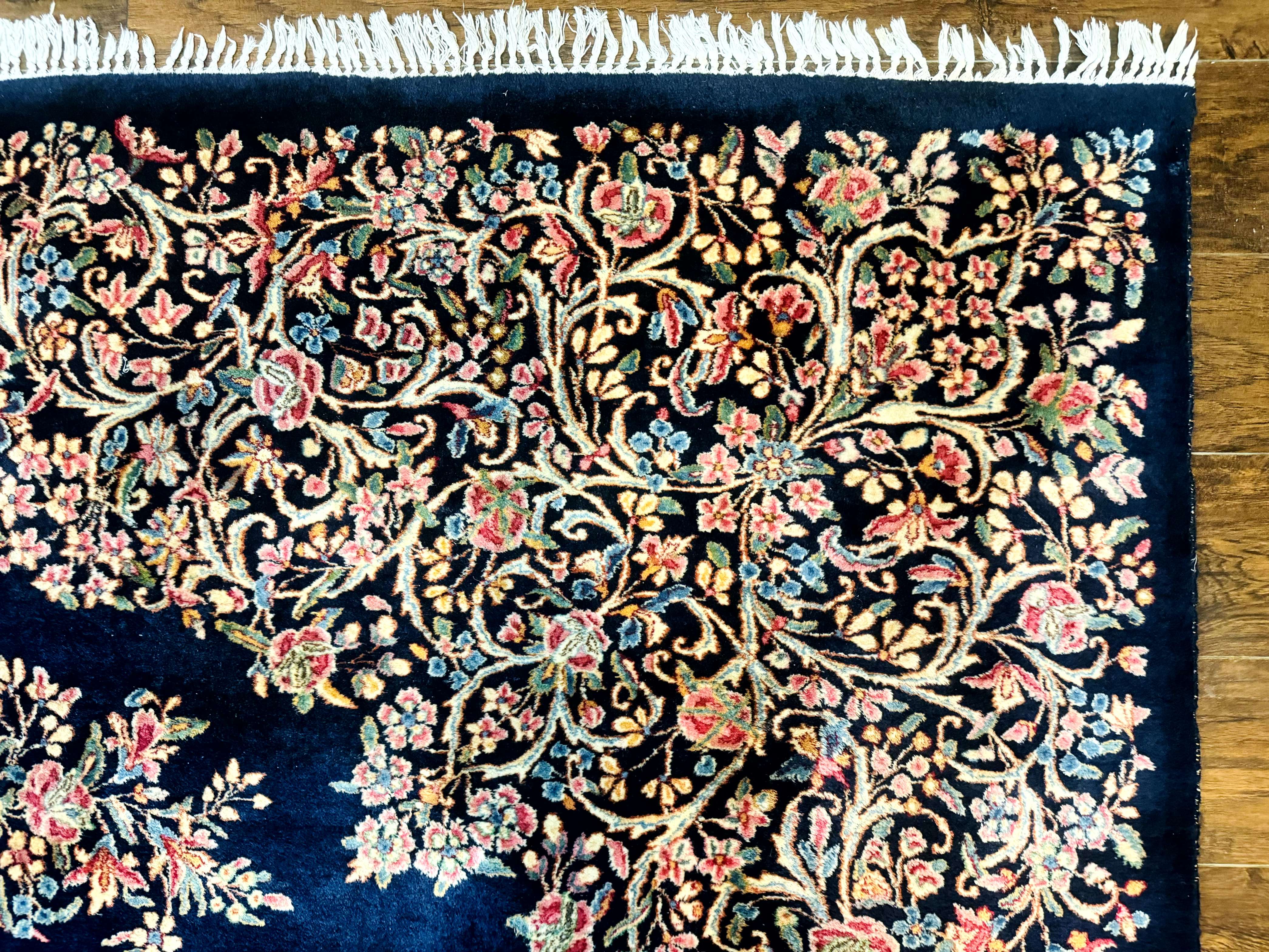Antique Persian Kerman Rug 10x13, Navy Blue Floral Carpet, Fine 270 KPSI - Image 7