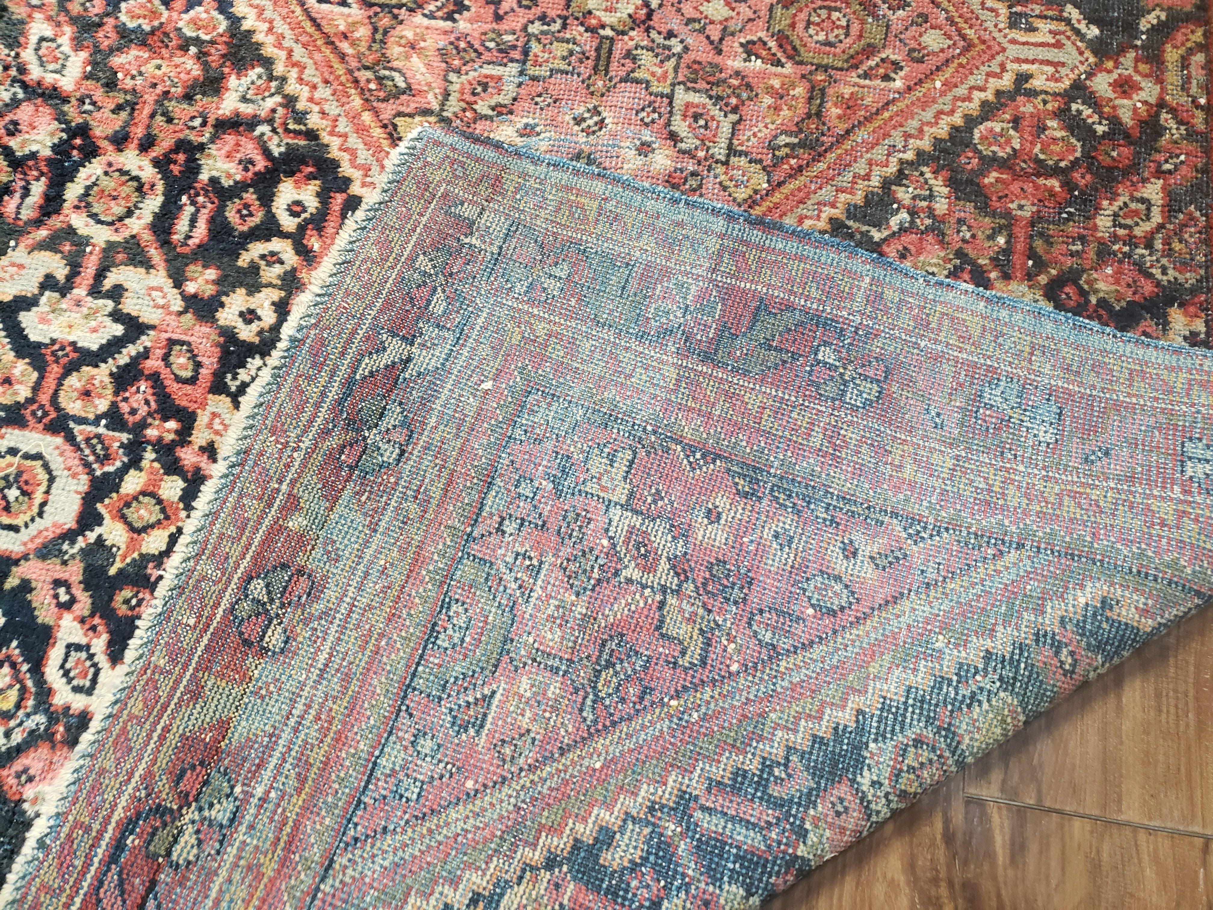Antique Persian Mahal Area Rug 4.4 x 6.6, Wool Hand-Knotted Shabby Chic Oriental Rug, Red Black 1930s Foyer Room Carpet, Low Pile Boho Rug - Image 10