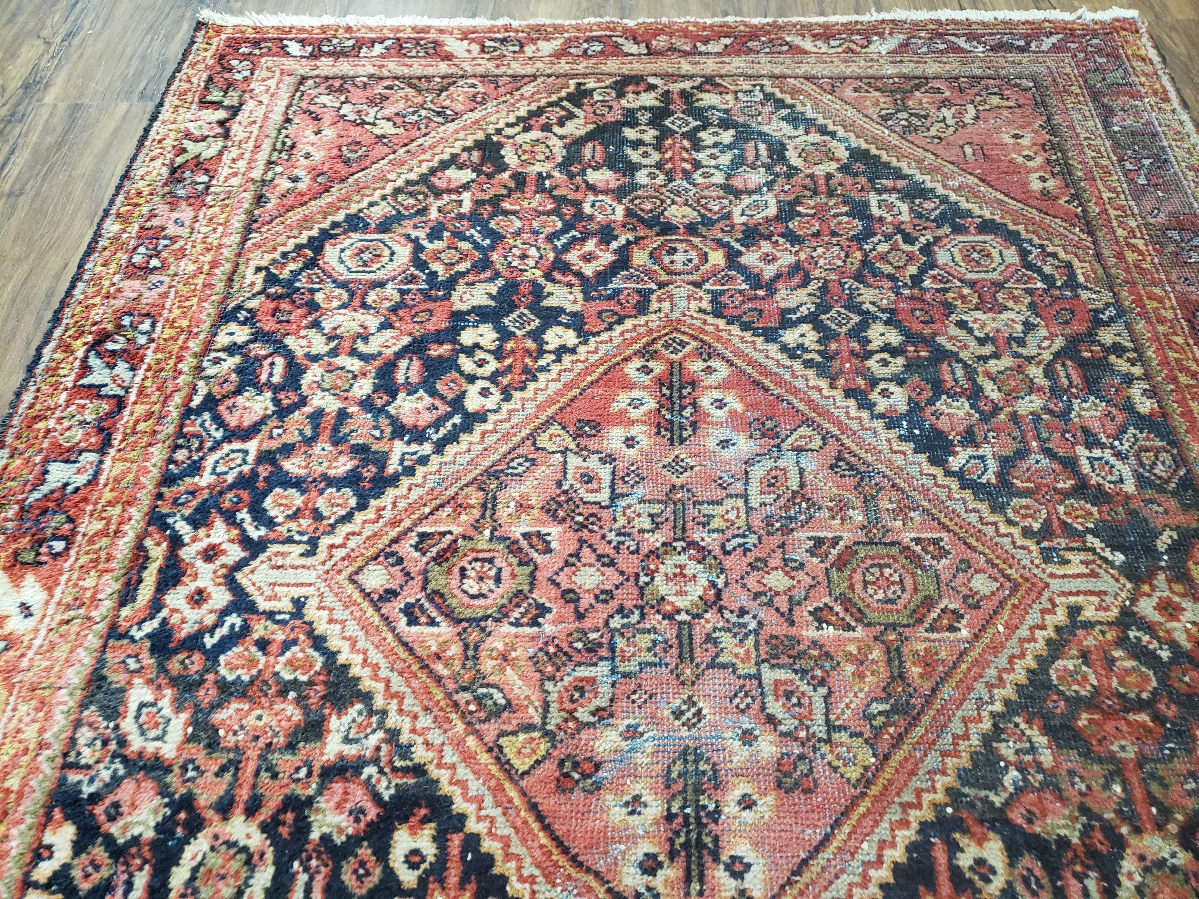 Antique Persian Mahal Area Rug 4.4 x 6.6, Wool Hand-Knotted Shabby Chic Oriental Rug, Red Black 1930s Foyer Room Carpet, Low Pile Boho Rug - Image 11