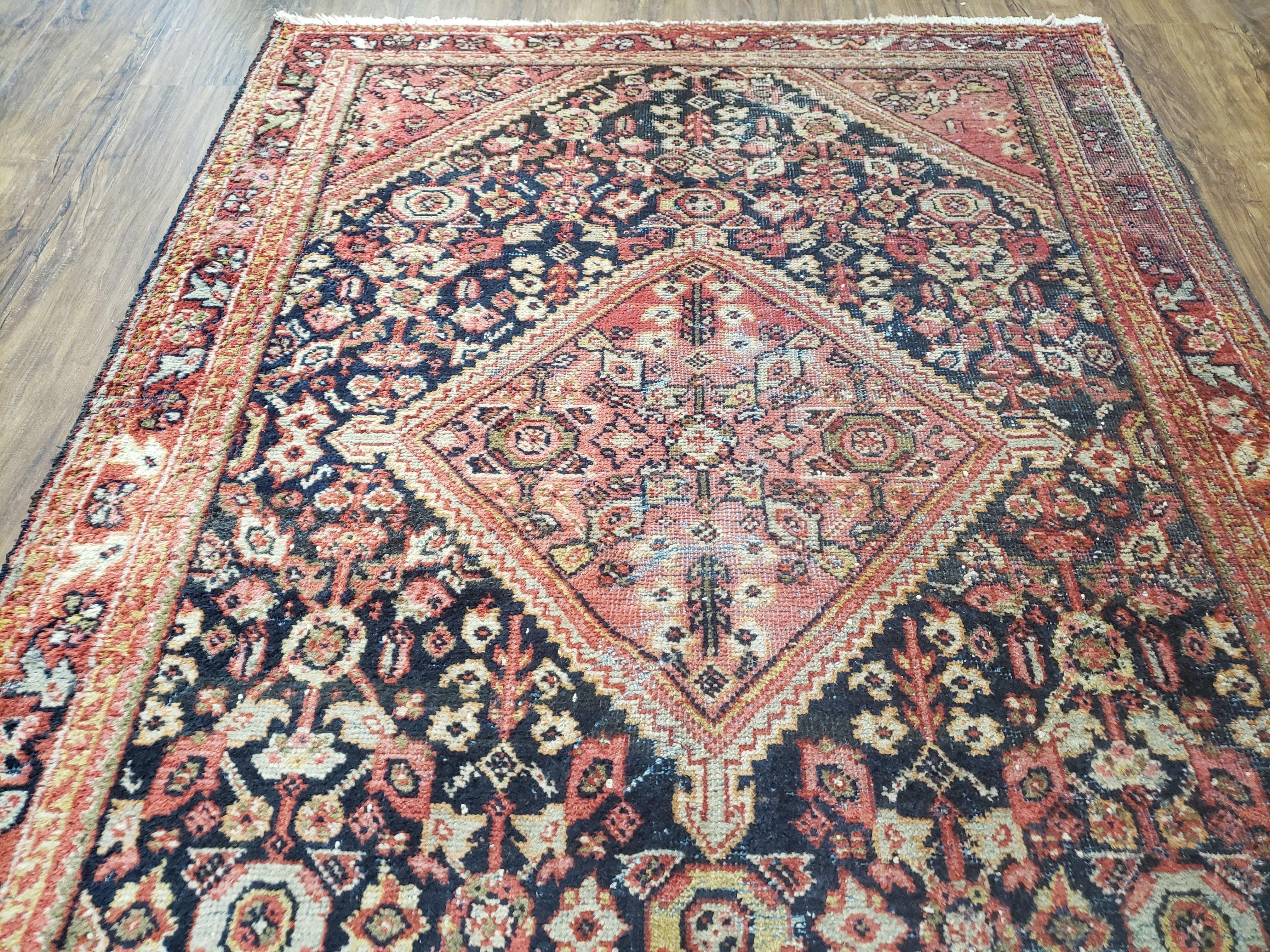 Antique Persian Mahal Area Rug 4.4 x 6.6, Wool Hand-Knotted Shabby Chic Oriental Rug, Red Black 1930s Foyer Room Carpet, Low Pile Boho Rug - Image 12