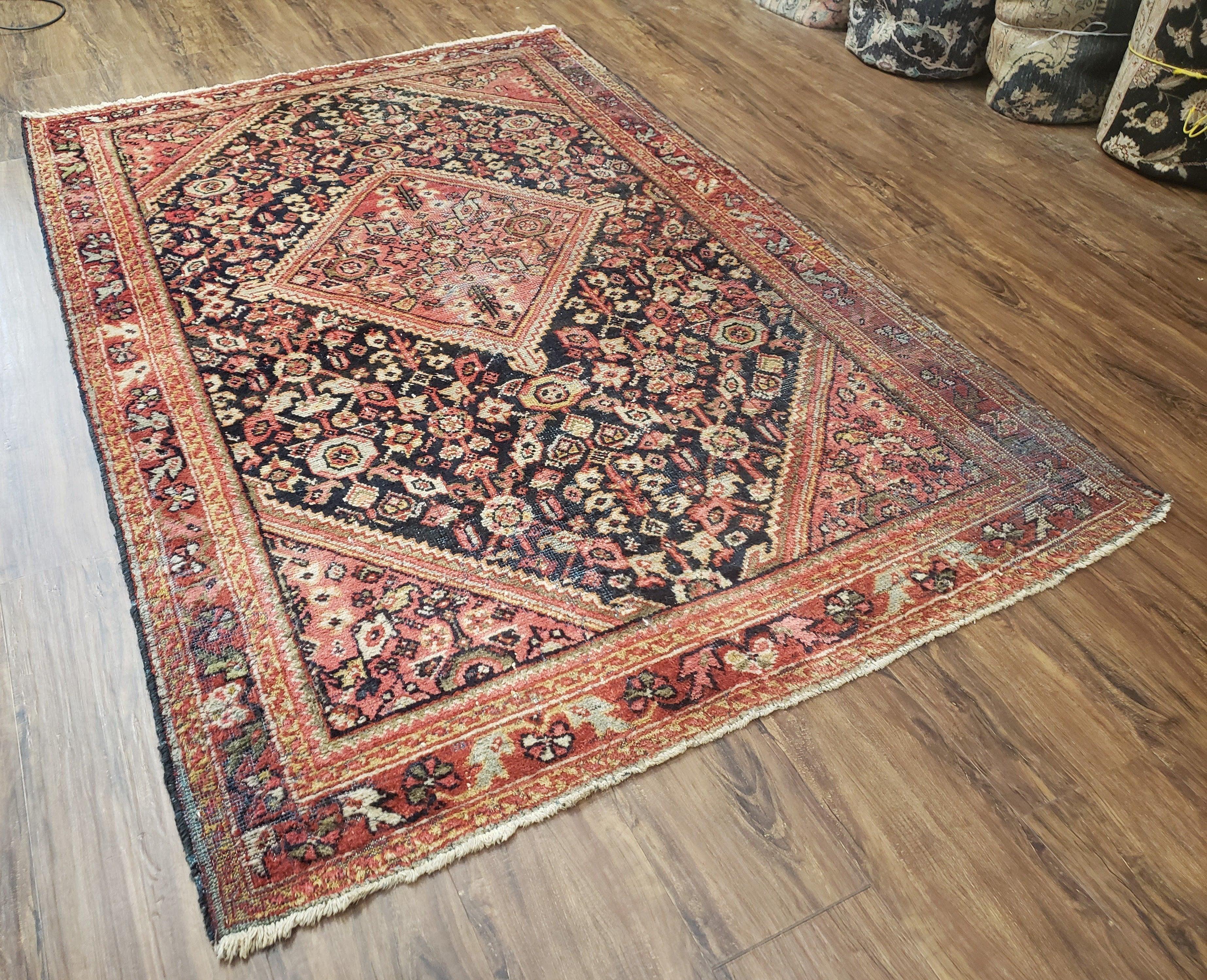 Antique Persian Mahal Area Rug 4.4 x 6.6, Wool Hand-Knotted Shabby Chic Oriental Rug, Red Black 1930s Foyer Room Carpet, Low Pile Boho Rug - Image 2